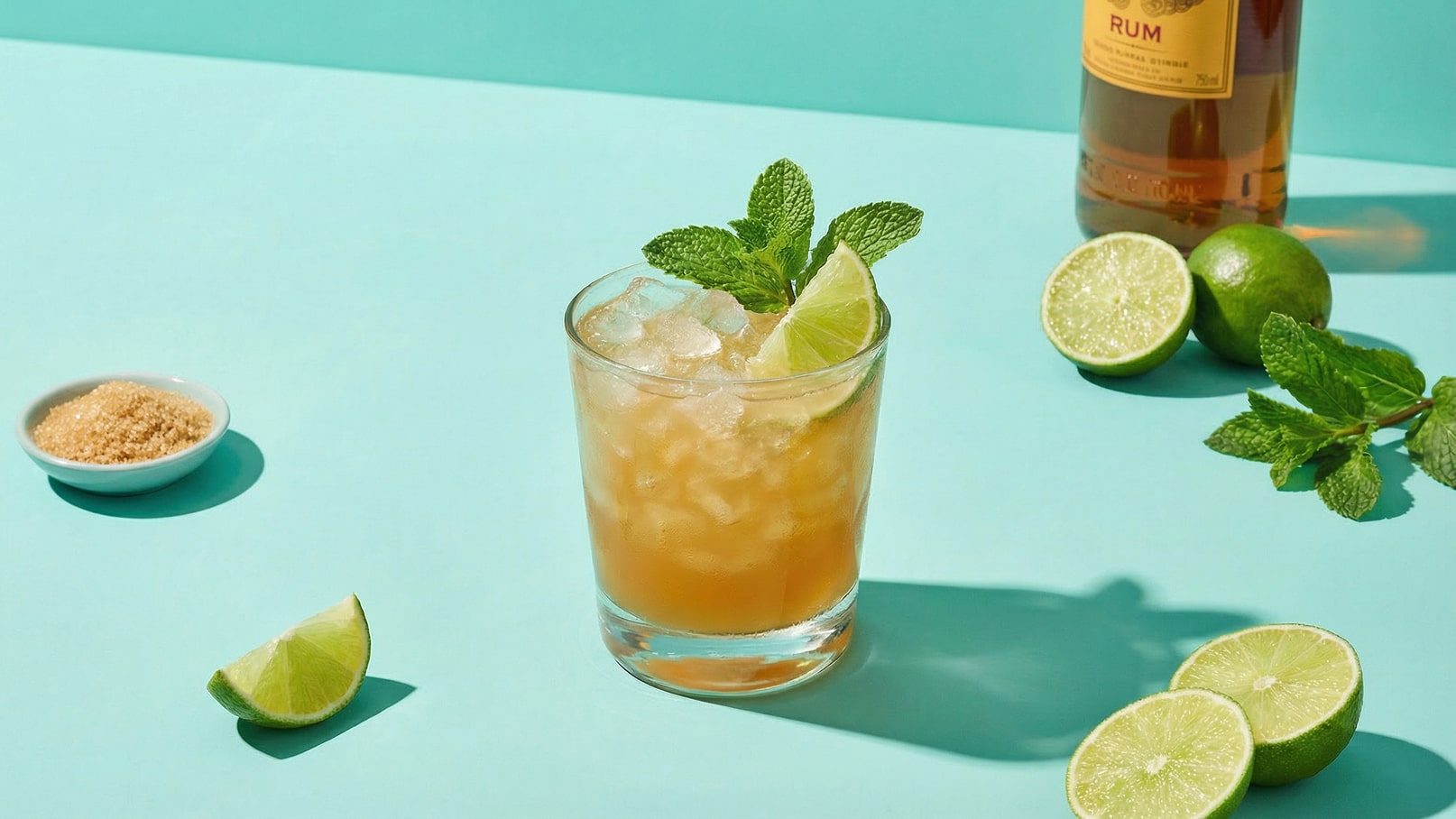 Ein Glas mit einem erfrischenden Cocktail, gefüllt mit Eis und dekoriert mit Minze und einer Limettenscheibe. Um das Glas liegen frische Limettenhälften und ein Schälchen mit braunem Zucker auf einer mintgrünen Oberfläche.