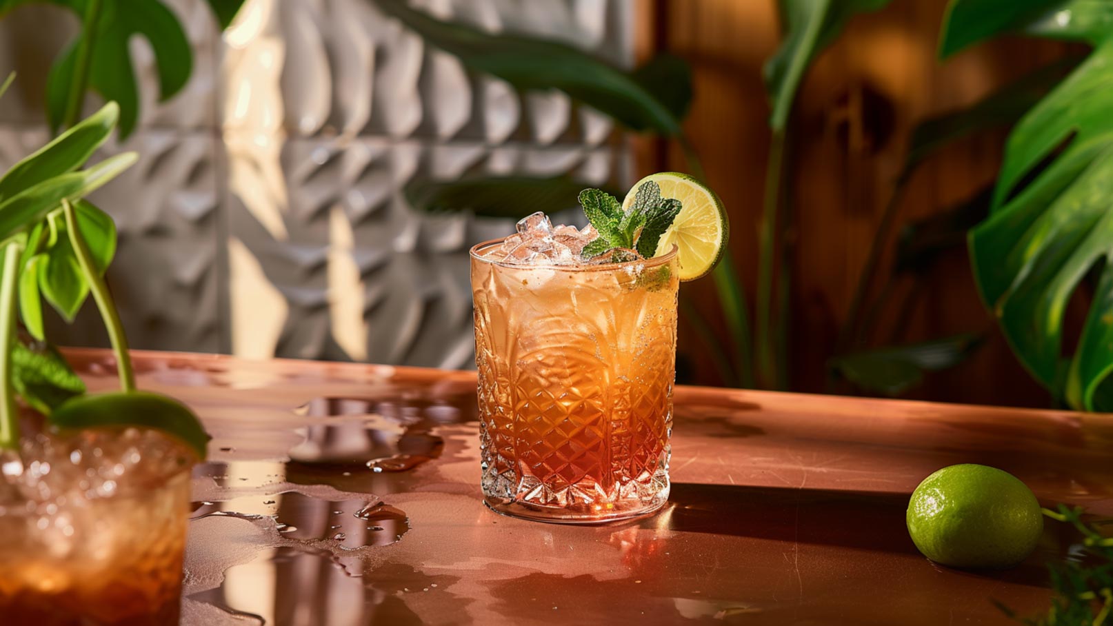 Ein Cocktailglas steht auf einem Tisch, gefüllt mit einem bunten Getränk aus Eis, Minze und einer Limettenscheibe. Der Tisch hat einige Wasserflecken und im Hintergrund sind grüne Pflanzen zu sehen.