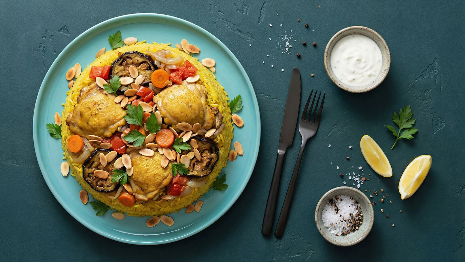 Ein Teller mit gelbem Reis, belegt mit mariniertem Hühnchen, buntem Gemüse wie Karotten und Paprika, sowie Mandelsplittern. Frische Petersilie garniert das Gericht. Neben dem Teller befinden sich eine Schüssel mit Joghurtsauce, Zitronenscheiben und Gewürzen.