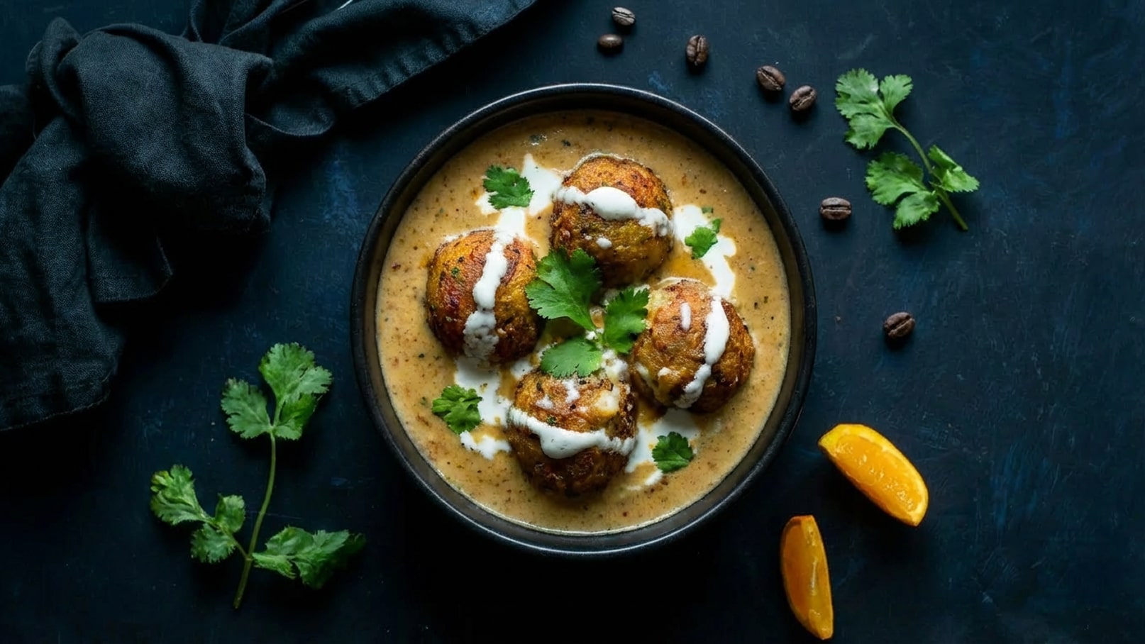 Ein schwarzes Schälchen enthält runde, gebratene Bällchen, die in einer cremigen Soße schwimmen. Darüber sind einige weiße Saucenstränge und frische Korianderblätter garniert. Neben dem Schälchen liegen ein paar Kaffeebohnen und ein Stück Orange.
