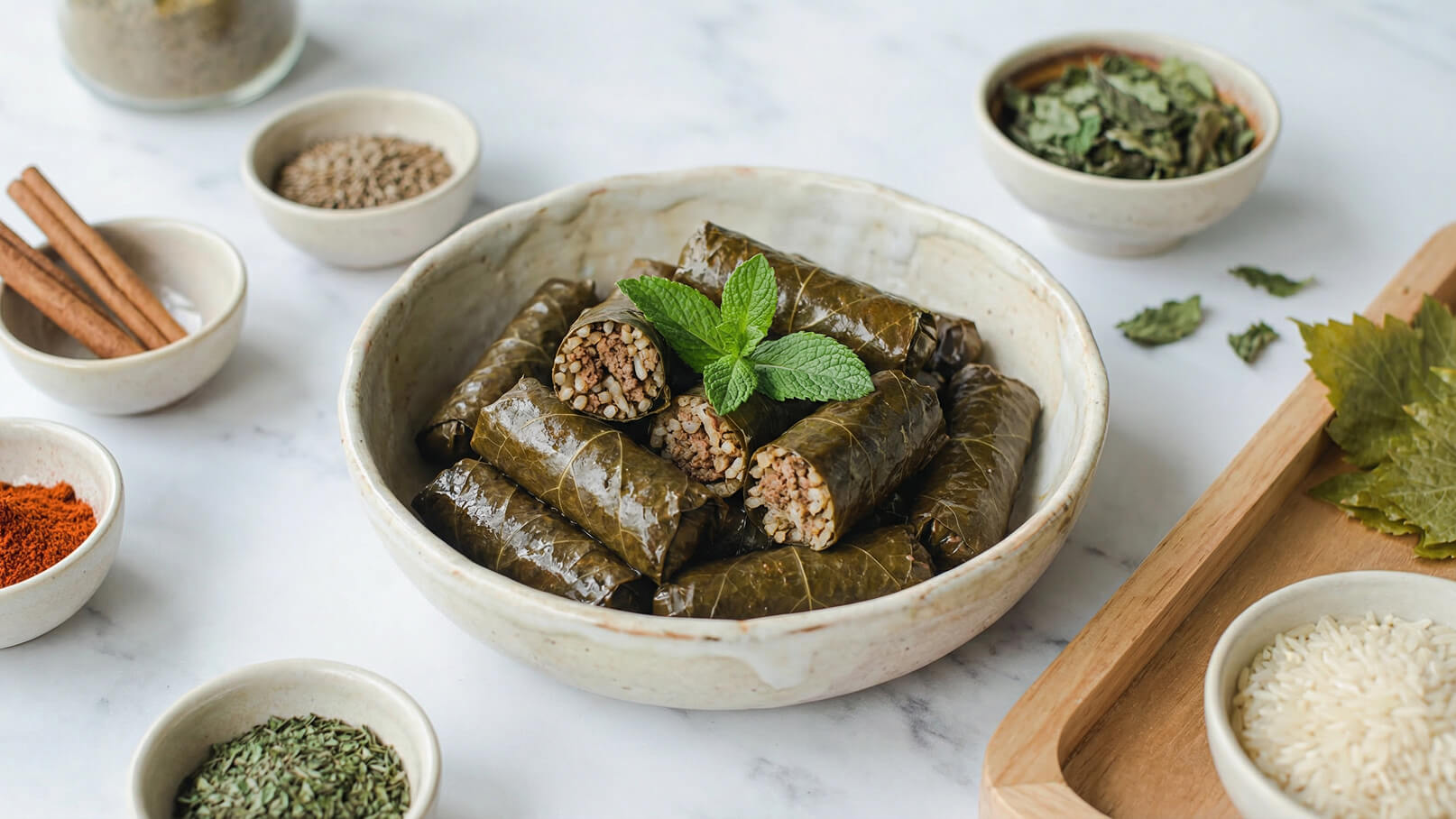 Ein Teller mit gefüllten Weinblättern ist in der Mitte des Bildes platziert. Die Röllchen enthalten Reis und sind mit einem Blatt Minze garniert. Um den Teller herum sind verschiedene Gewürze und Kräuter in kleinen Schüsseln angeordnet.