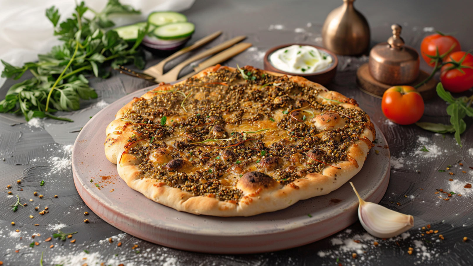 Ein flacher Teig mit einer großzügigen Schicht aus Gewürzen und Kräutern liegt auf einem hellen Teller. Daneben sind frische Tomaten, eine Schale mit Joghurt und geschnittene Gurken zu sehen, umgeben von Kräutern und etwas Mehl.