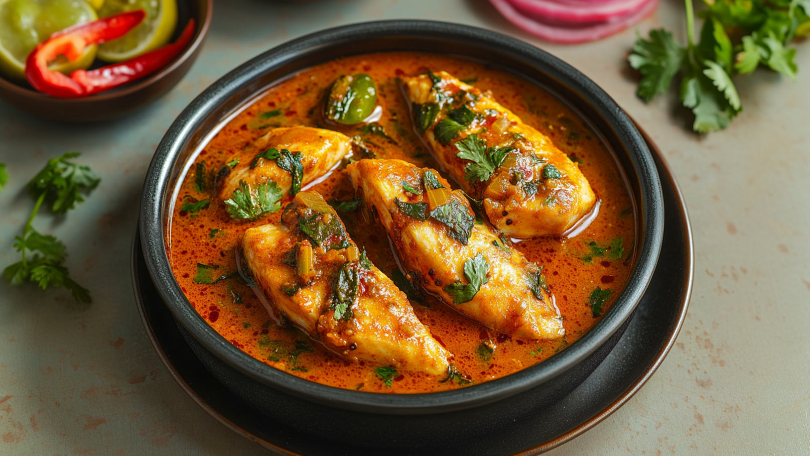 Ein schwarzes Servierteller enthält mehrere Stücke Fisch in einer rot-orangenen Sauce, garniert mit frischem Koriander. Die Sauce hat eine glänzende Textur und kleine Gewürzstücke sind sichtbar. Im Hintergrund sind einige grüne Zitrusfrüchte und rote Chilis zu sehen.