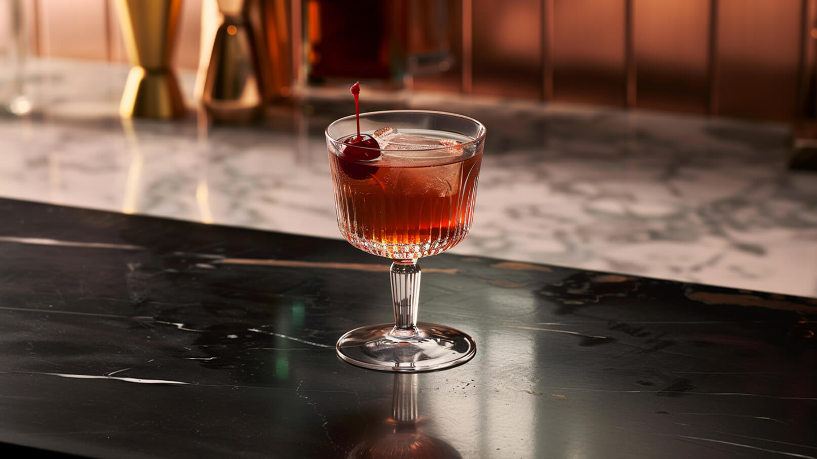 Ein eleganter Cocktail in einem hohen Glas steht auf einer dunklen, glänzenden Theke. Der Drink hat eine tiefrote Farbe und ist mit einem Stück Eis sowie einer Kirsche dekoriert. Im Hintergrund sind verschwommene Barutensilien und Flaschen sichtbar.