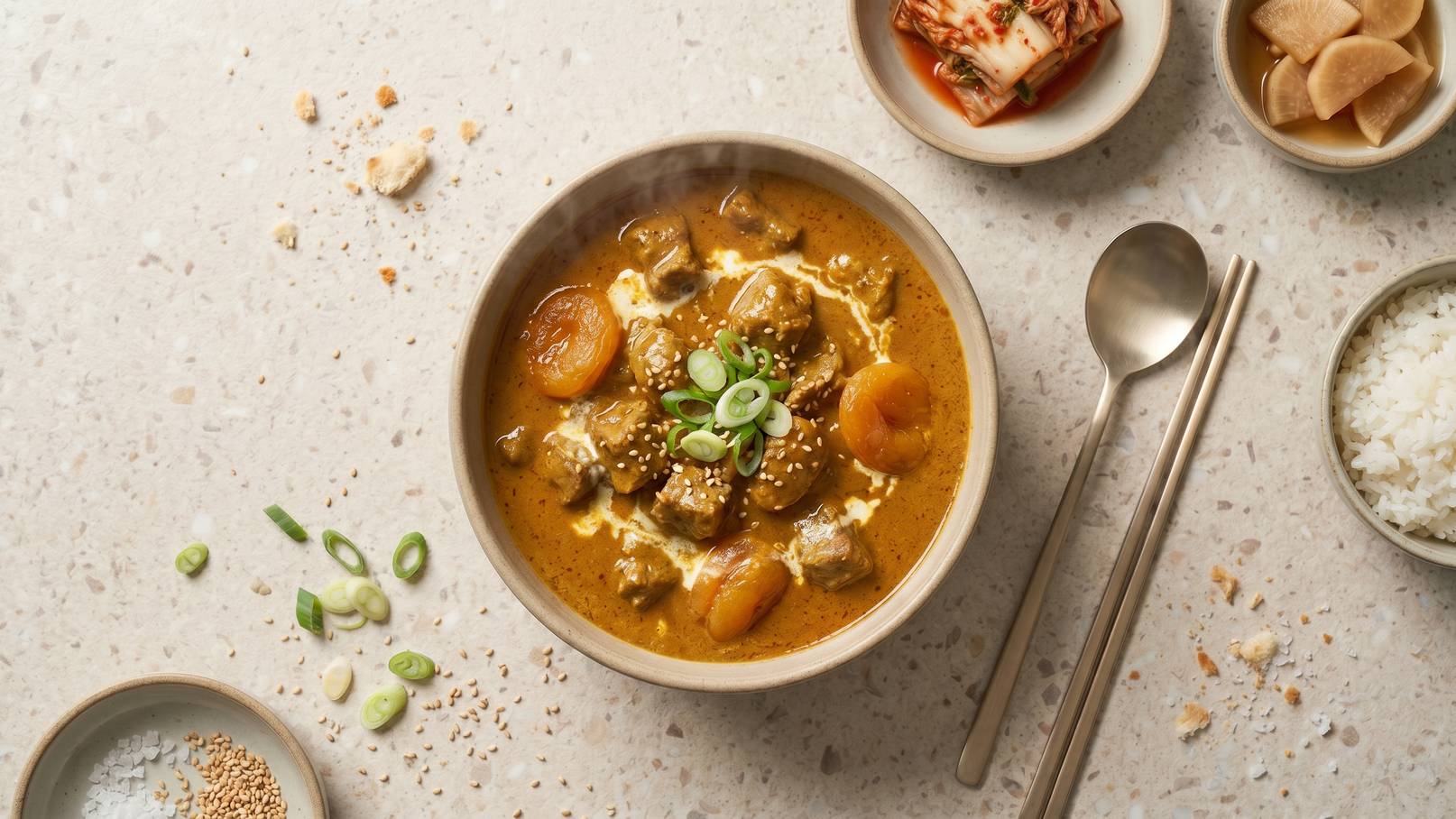 Eine Schüssel mit würziger Suppe, gefüllt mit Fleischstücken, Karotten, und Frühlingszwiebeln. Neben der Schüssel befinden sich kleine Schalen mit Kimchi und eingelegtem Gemüse, sowie eine Portion Reis. Esslöffel und Essstäbchen liegen bereit.