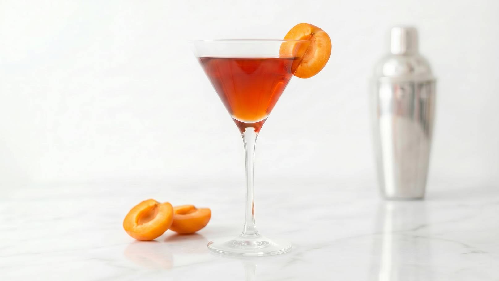 Ein eleganter Cocktail in einem Martiniglas, gefüllt mit einer tiefen, rubinroten Flüssigkeit. Am Rand des Glases liegt eine Scheibe Aprikose. Im Hintergrund steht ein silberner Shaker sowie einige geschnittene Aprikosen auf der Tischoberfläche.