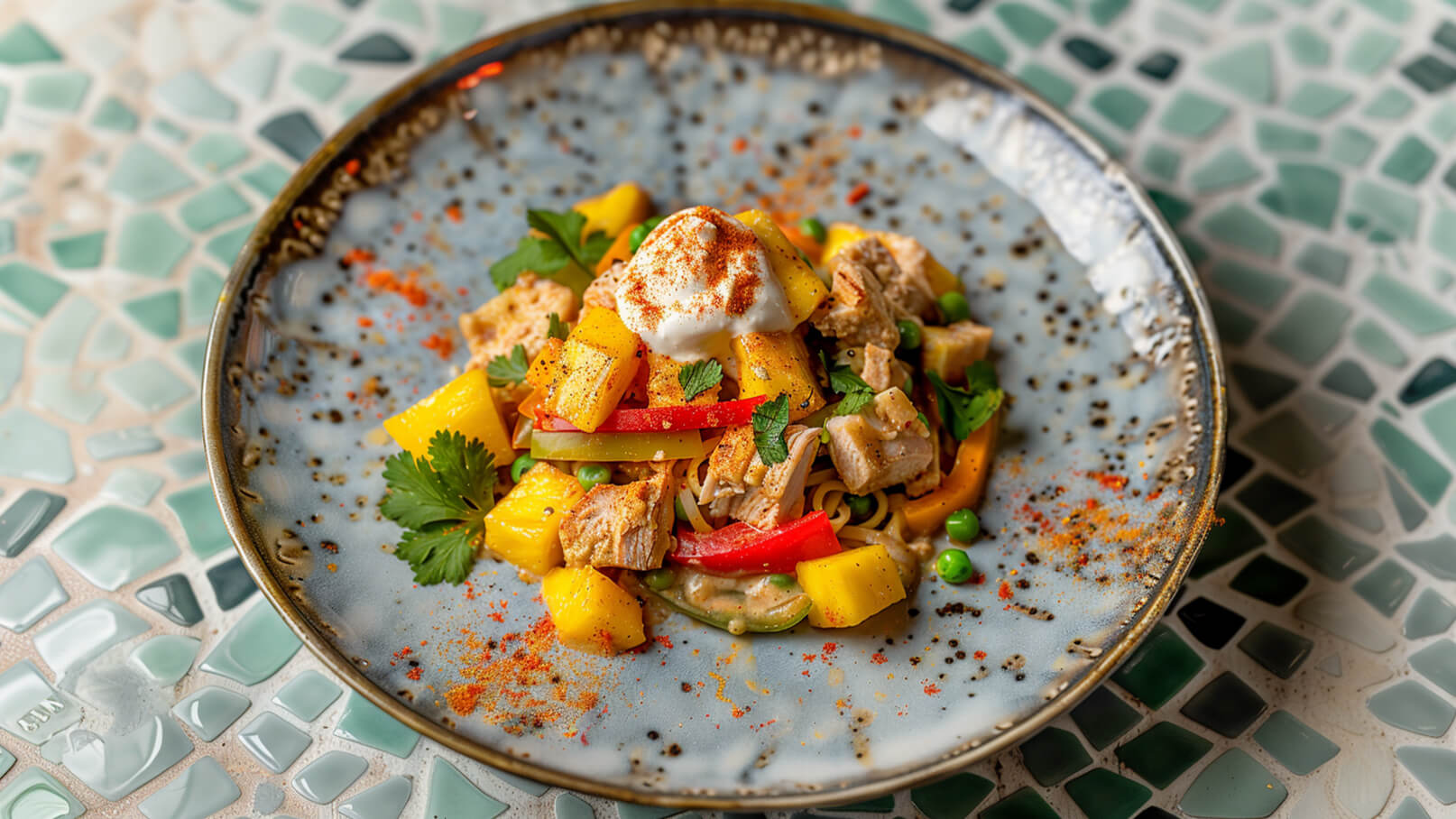 Ein Teller mit buntem Nudelgericht, garniert mit Hühnchenstücken, Mango, Paprika und frischen Kräutern. Obenauf befindet sich ein Klecks Joghurt, gewürzt mit Paprika. Die Farben sind lebhaft und hell auf einem dekorativen, blauen Teller.