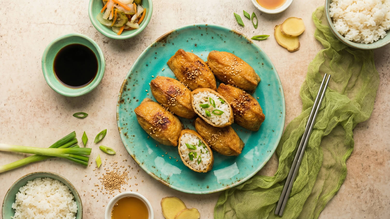 Auf dem Bild ist ein Teller mit gebratenen Reisrollen zu sehen, die mit Sesam bestreut sind. Einige Rollen sind aufgeschnitten und zeigen den Reis mit Frühlingszwiebeln. Um den Teller herum sind verschiedene Soßen, eingelegtes Gemüse und Reis in Schalen angeordnet.