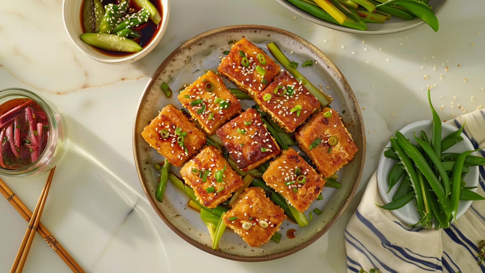 Ein Teller mit gebratenem Tofu, der in Stücke geschnitten ist, liegt auf einem Bett von Frühlingszwiebeln. Der Tofu ist mit Sesam und gehackten Frühlingszwiebeln garniert. Daneben stehen Schalen mit eingelegtem Gemüse und frischen grünen Bohnen.