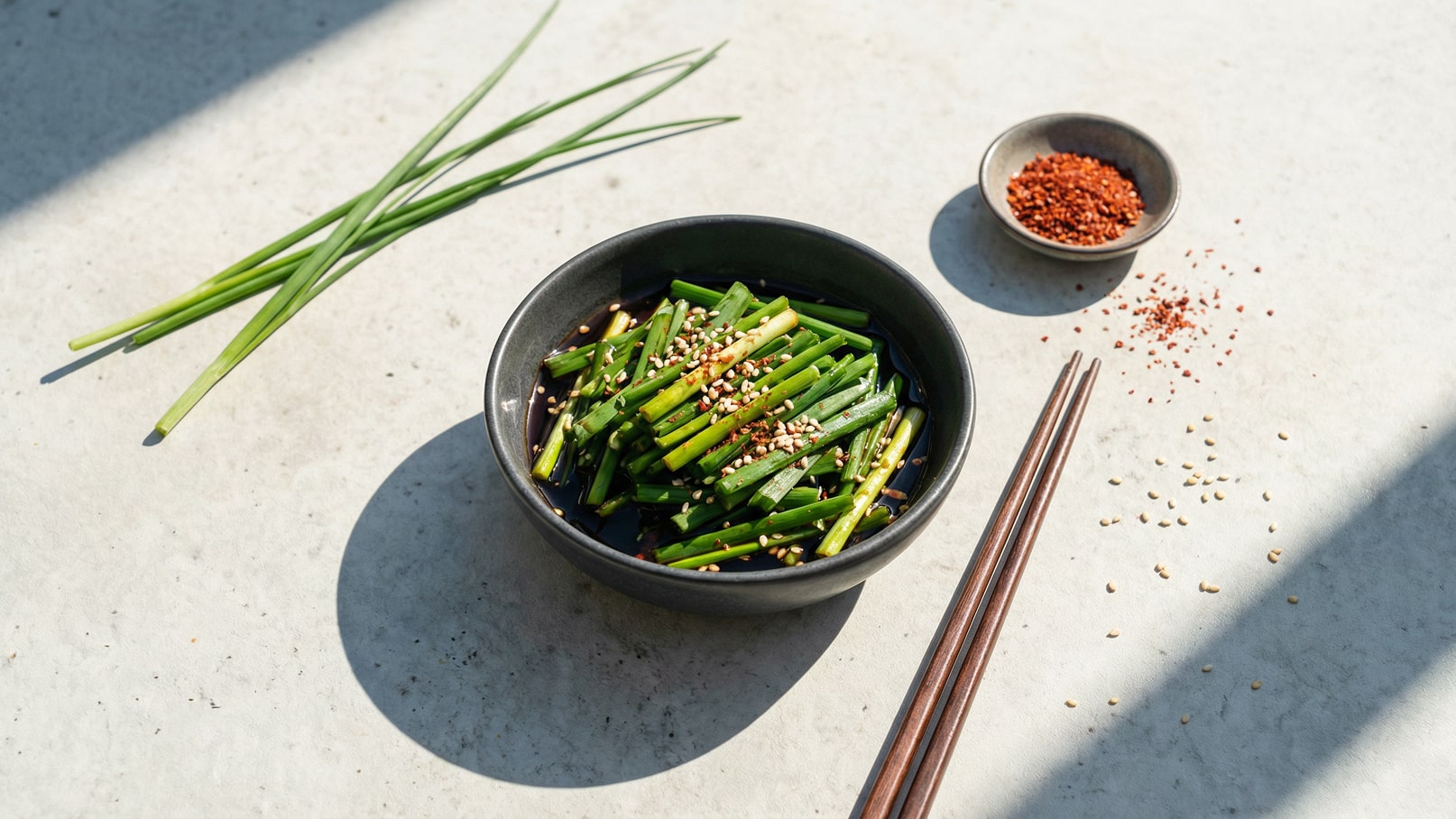 Eine schwarze Schüssel enthält frische, grüne Zwiebeln, die in einer dunklen Sauce schwimmen. Darüber sind geröstete Sesamsamen verstreut. Daneben liegen Essstäbchen und eine kleine Schale mit roten Gewürzflocken. Im Hintergrund sind frische Zwiebelspitzen sichtbar.