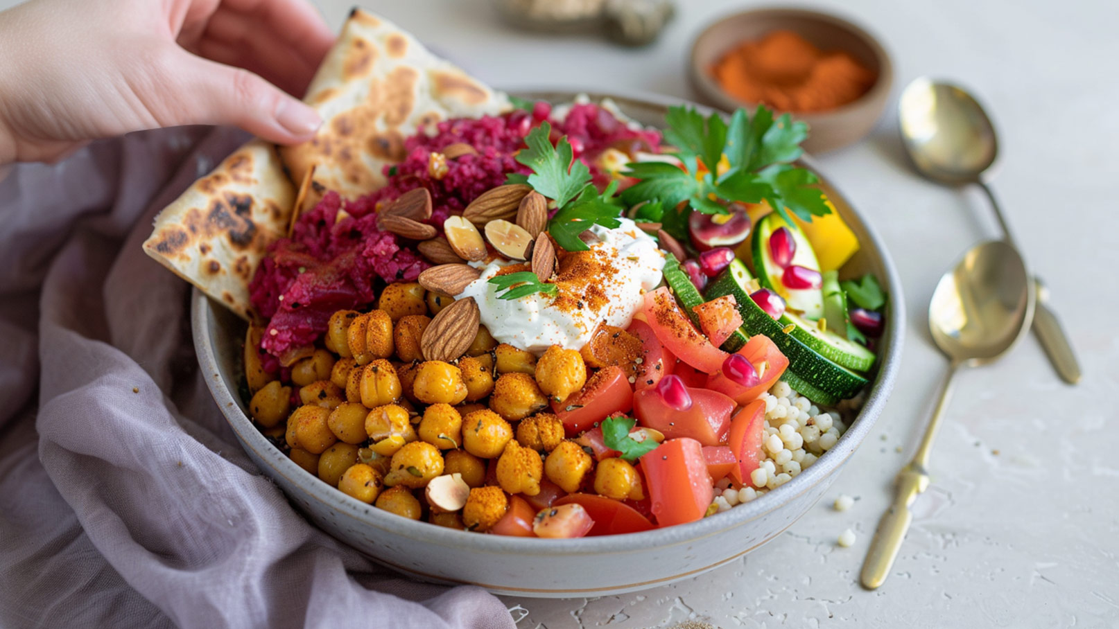 Eine Schüssel mit buntem Gemüse, darunter Kichererbsen, Tomaten, Gurken und Rote-Beete-Hummus. Oben auf der Mischung liegen Mandelstückchen und frische Petersilie. Ein Stück Fladenbrot wird mit einer Hand in die Schüssel gehalten. Im Hintergrund sind zwei Löffel zu sehen.