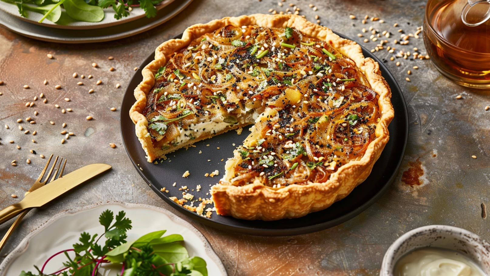 Ein Teller mit einer schmackhaften Quiche, die goldbraun gebacken ist und mit Zwiebeln, Kräutern und Sesam bestreut ist. Ein Stück wurde herausgenommen. Im Hintergrund liegt ein frischer Blattsalat.