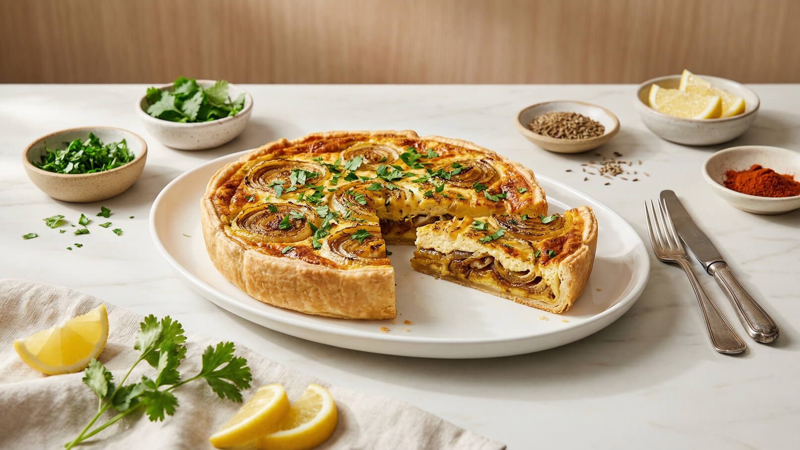 Ein Teller mit einer Quiche, belegt mit Zwiebelringe und frischen Kräutern, von dem ein Stück entnommen wurde. Neben der Quiche sind einige Schalen mit Kräutern und Gewürzen sowie Zitronenscheiben auf dem Tisch arrangiert.
