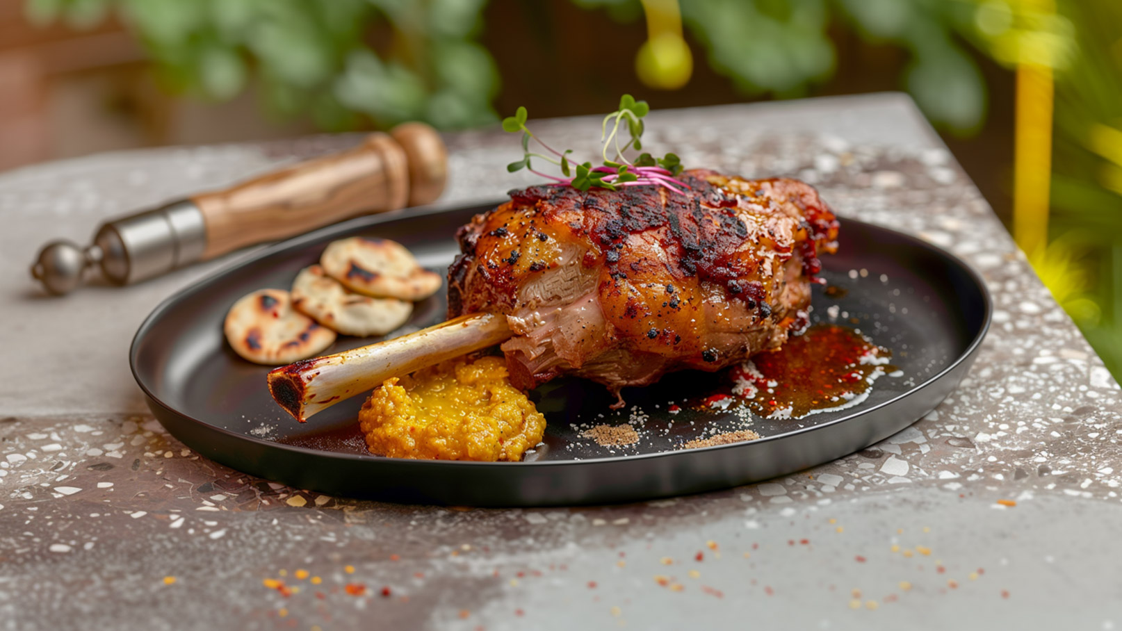Auf dem Teller liegt ein saftig gegrilltes Fleischstück mit einem Knochen, umgeben von einer würzigen Sauce und einer gelben Beilage. Zudem sind einige kleine Fladenbrote an der Seite. Der Teller ist auf einer strukturierten Oberfläche platziert, von der etwas unscharf Grün im Hintergrund sichtbar ist.