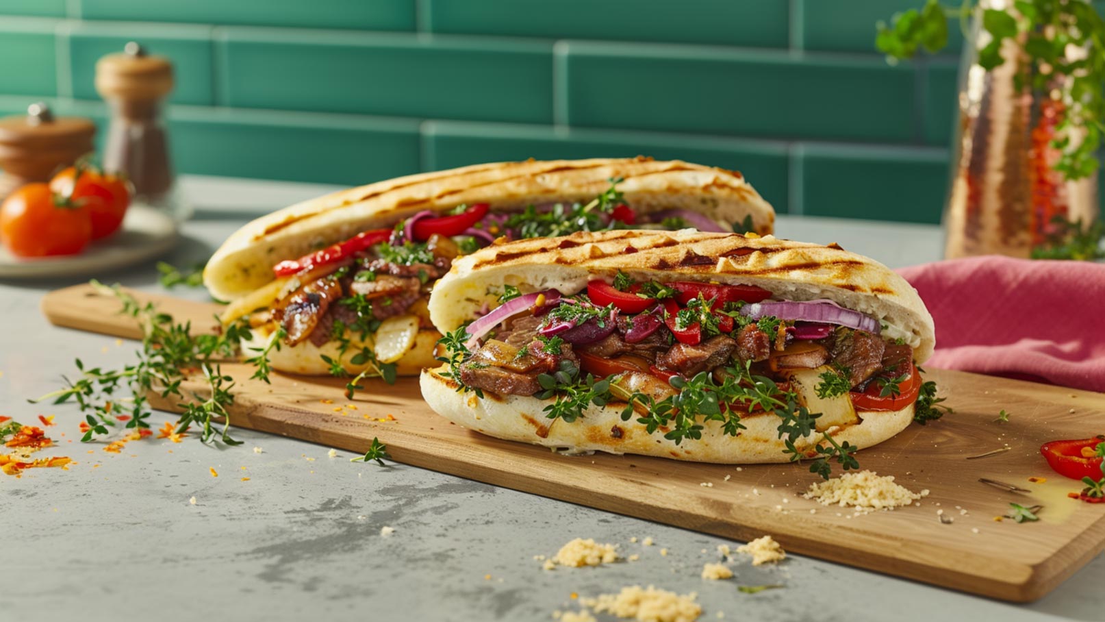 Zwei frisch belegte Sandwiches auf einem Holzbrett, gefüllt mit gegrilltem Fleisch, bunten Paprika, Zwiebeln und frischen Kräutern. Im Hintergrund sind Tomaten und Gewürzmühlen zu sehen, während die grüne Fliese eine einladende Atmosphäre schafft.