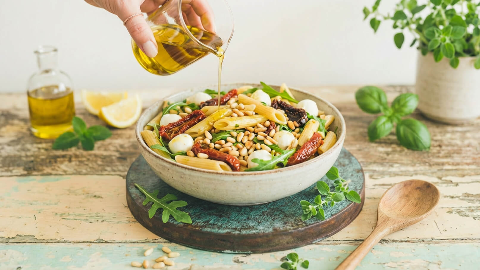 Eine Hand gießt Olivenöl über einen frischen Salat in einer Schüssel. Der Salat enthält Pasta, Rucola, getrocknete Tomaten, Mozzarella und Pinienkerne. Im Hintergrund sind Holzoberflächen und einige Pflanzen sichtbar.