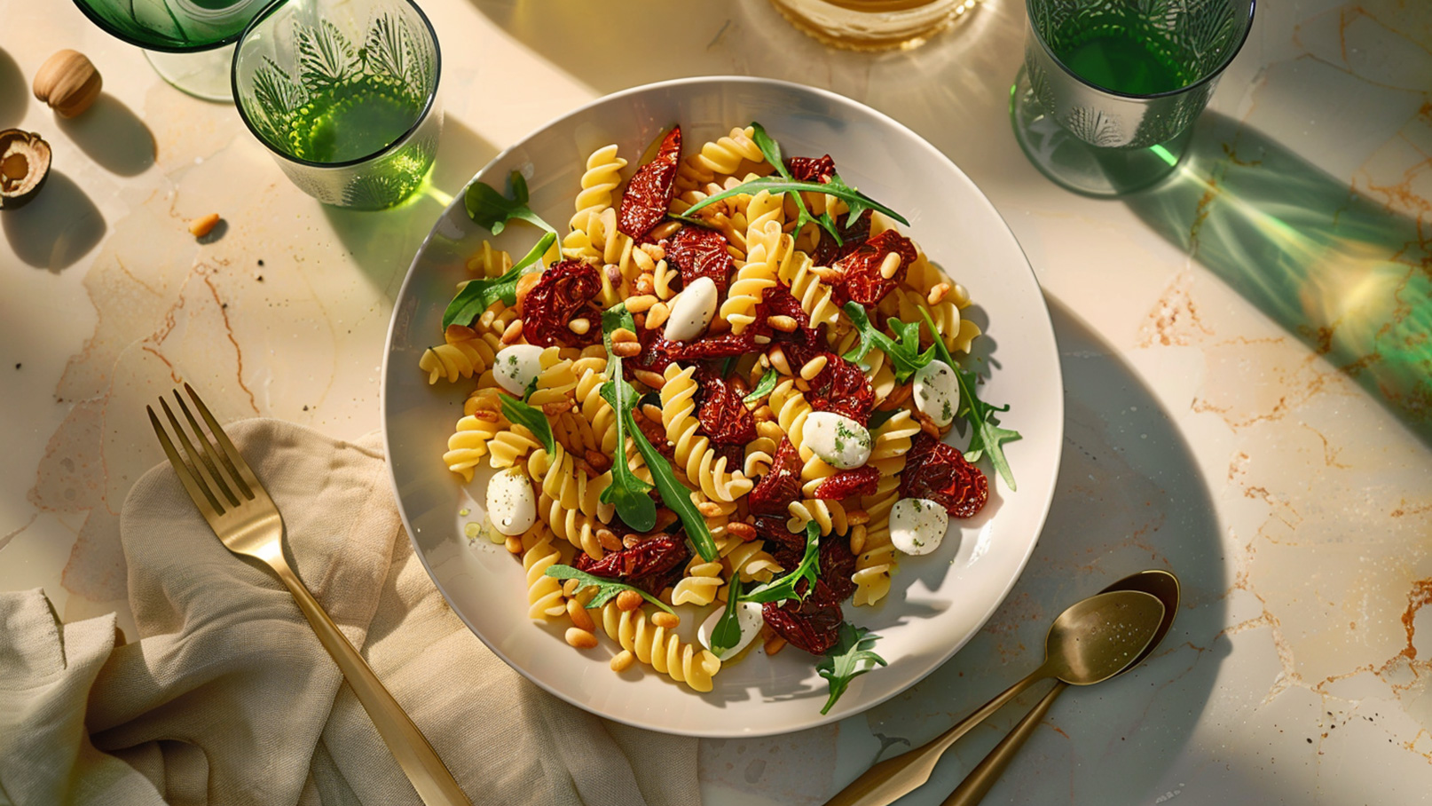 Ein Teller mit bunten Fusilli-Nudeln, garniert mit getrockneten Tomaten, babyspinat, Pinienkernen und kleinen Mozzarellakugeln. Die Speise hebt sich vor einem hellen Tisch hervor, umgeben von glänzendem Besteck und Gläsern.