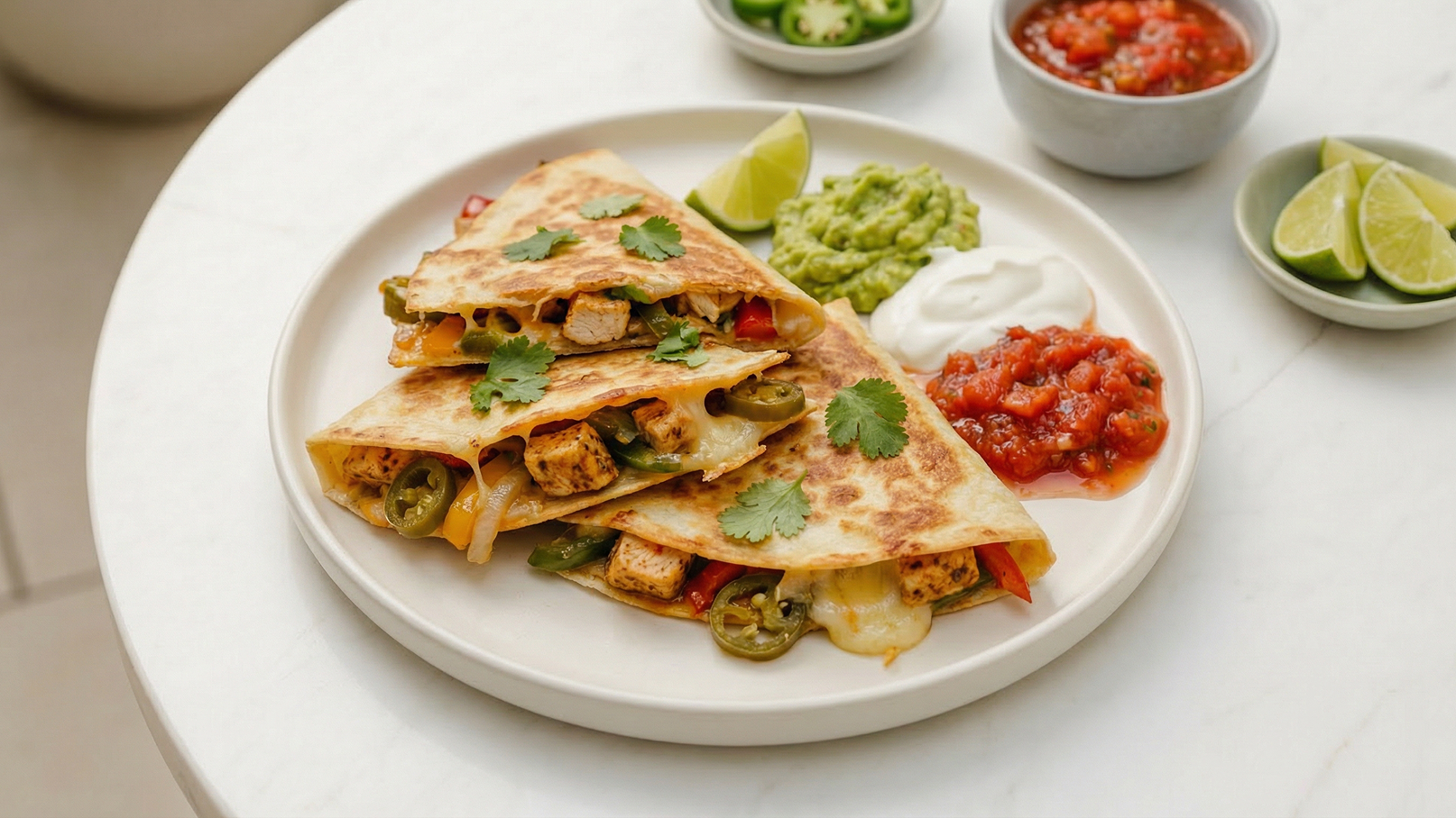 Auf dem Bild sind zwei gefaltete Quesadillas zu sehen, gefüllt mit Käse, Paprika und Hähnchen. Daneben befinden sich Schalen mit Guacamole, Sauerrahm, Salsa und Limettenschnitzen. Frische Korianderblätter garnieren die Quesadillas.