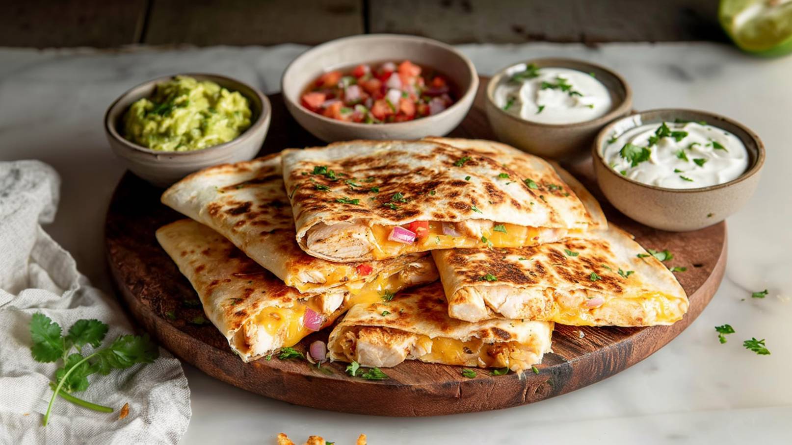 Auf dem Bild sind zwei gegrillte Tortillas auf einem weißen Teller zu sehen. Die Tortillas sind halbiert und gefüllt mit buntem Gemüse und Hähnchen. Eine rote Chili und einige Kräuter sind dekorativ darauf platziert.