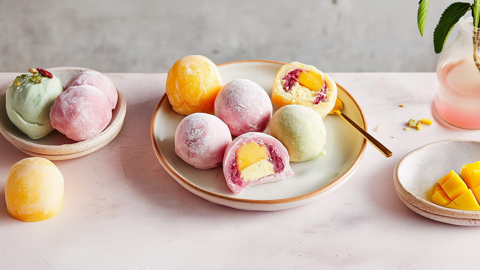 Ein Teller mit verschiedenen gefüllten Mochi-Bällchen in verschiedenen Farben: rosa, grün und gelb. Einige Bällchen sind aufgeschnitten, sodass die Füllung aus Früchten und Eiscreme sichtbar ist. Neben dem Teller befindet sich eine kleine Schale mit gewürfelter Mango.