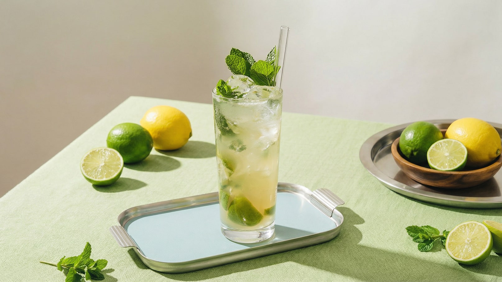 Ein erfrischendes Getränk in einem hohen Glas mit Eiswürfeln und frischer Minze. Neben dem Glas sind halbierte Limetten und eine Zitrone auf einem hellgrünen Tisch zu sehen. Im Hintergrund stehen eine Schale mit weiteren Limetten und Zitronen.