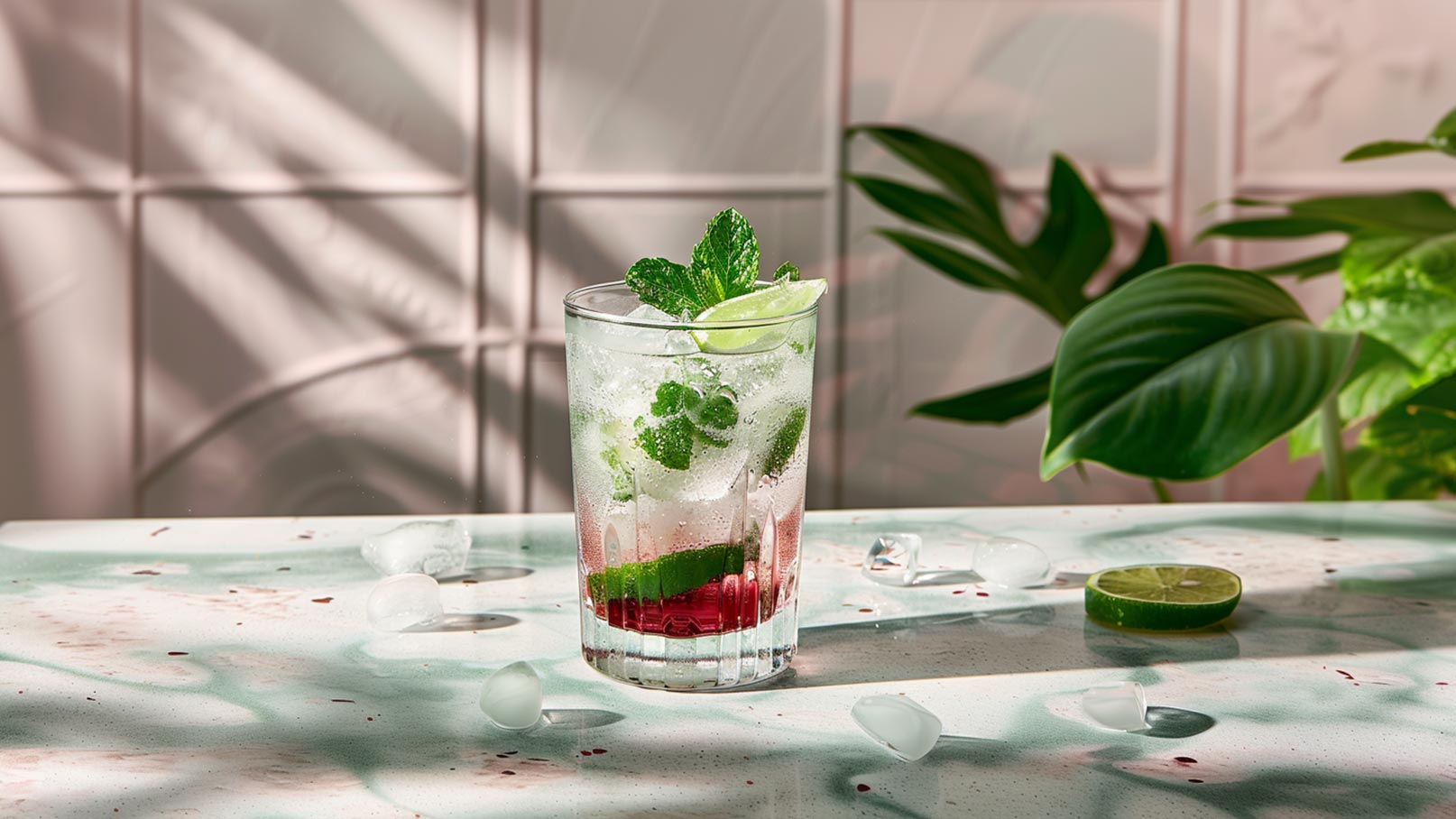 Ein Glas mit einem erfrischenden Cocktail steht auf einem Tisch. Der Drink enthält Eiswürfel, frische Minze und Limettenscheiben, und hat eine rot-grüne Schichtung. Im Hintergrund sind eine Pflanze und sanfte Schatten zu sehen.