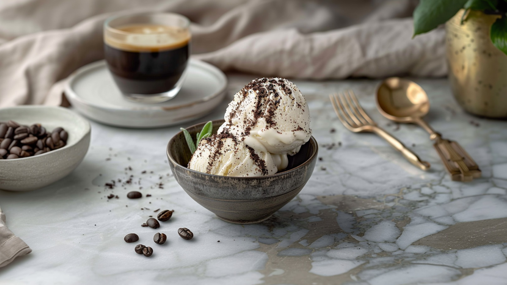 Eine Schale mit zwei Kugeln cremigem Eis, bestreut mit Kaffeepulver, steht auf einer Marmoroberfläche. Daneben befindet sich eine Tasse schwarzer Kaffee und eine kleine Schale mit Kaffeebohnen. Ein elegantes Besteckset ergänzt das Arrangement.