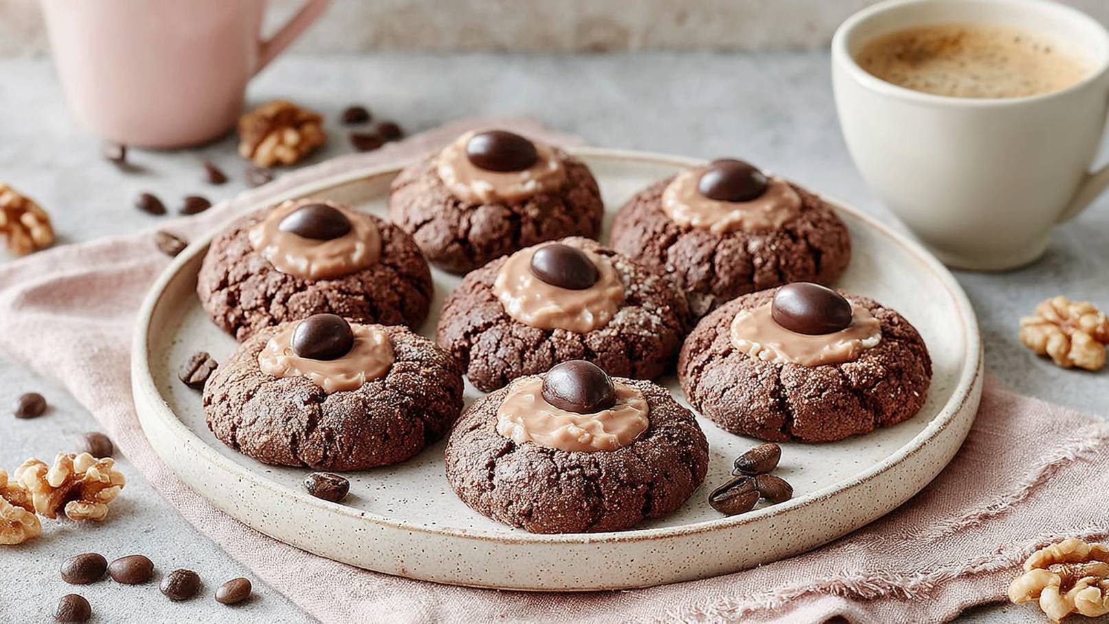 Eine Nahaufnahme von vielen kleinen Keksen mit einer cremigen, hellen Glasur. Auf jedem Keks liegt eine Kaffeebohne. Die Kekse sind gleichmäßig angeordnet und scheinen frisch gebacken zu sein.