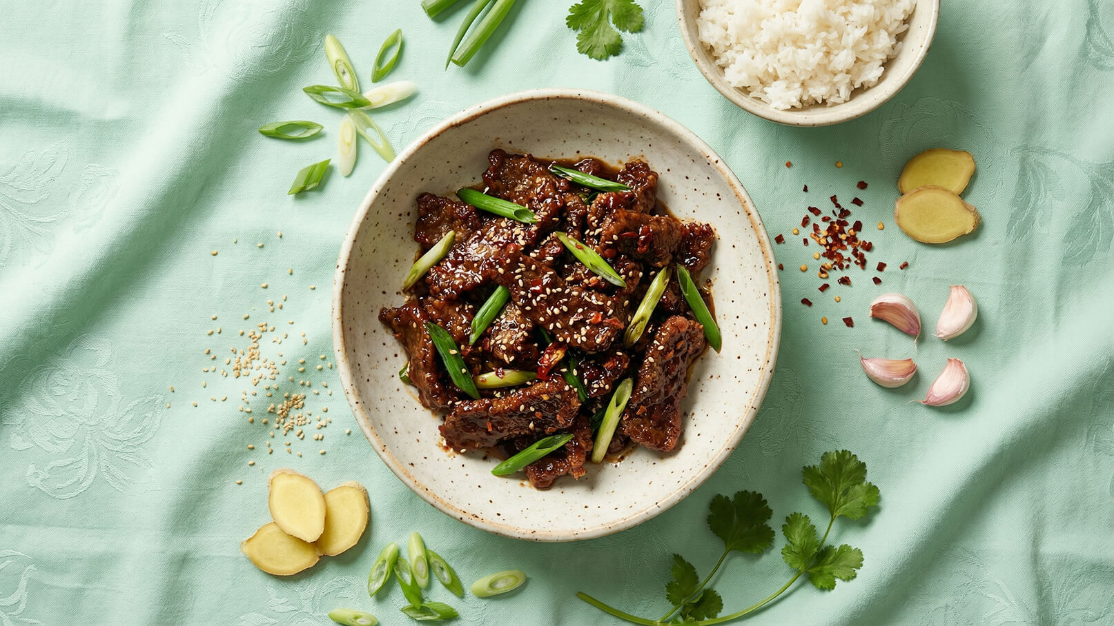 Eine Schüssel mit gebratenem Fleisch in einer würzigen Sauce, garniert mit Schnittlauch und Sesam, steht auf einem mintgrünen Tisch. Neben der Schüssel befindet sich Reis und frische Zutaten wie Ingwer und Knoblauch.