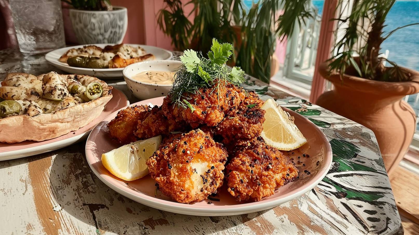 Ein Teller mit knusprig frittierten Stückchen, garniert mit frischem Koriander und Dill. Neben dem Gericht liegen Zitronenschnitze. Im Hintergrund sind weitere Gerichte und eine helle, freundliche Umgebung sichtbar.