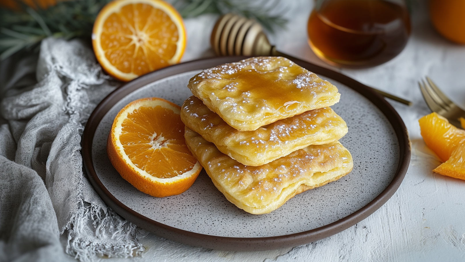 Auf einem grauen Teller liegen drei stapelbare, goldbraune, gefüllte Teigstücke, die mit Puderzucker bestreut sind. Neben dem Teller liegen halbierte und geviertelte Orangen. Im Hintergrund sind eine Honigscheibe und ein Gläser mit Flüssigkeit sichtbar.