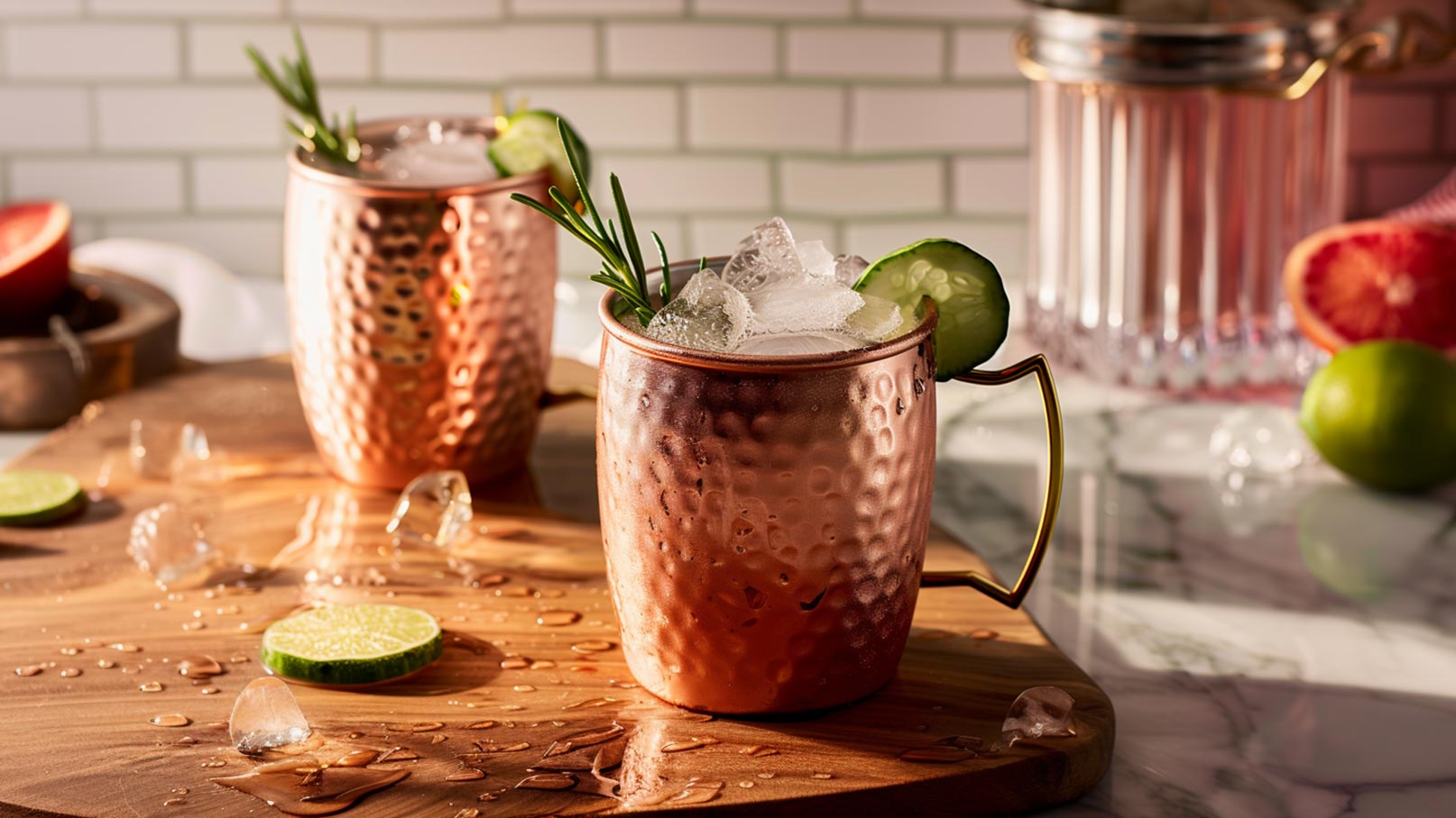 Zwei Kupferbecher mit eisgekühlten Cocktails stehen auf einem Holzbrett. Einer der Becher ist mit Gurkenscheiben, einem Zweig Rosmarin und Eis gefüllt. Limettenscheiben und Eiswürfel liegen verstreut auf dem Brett.