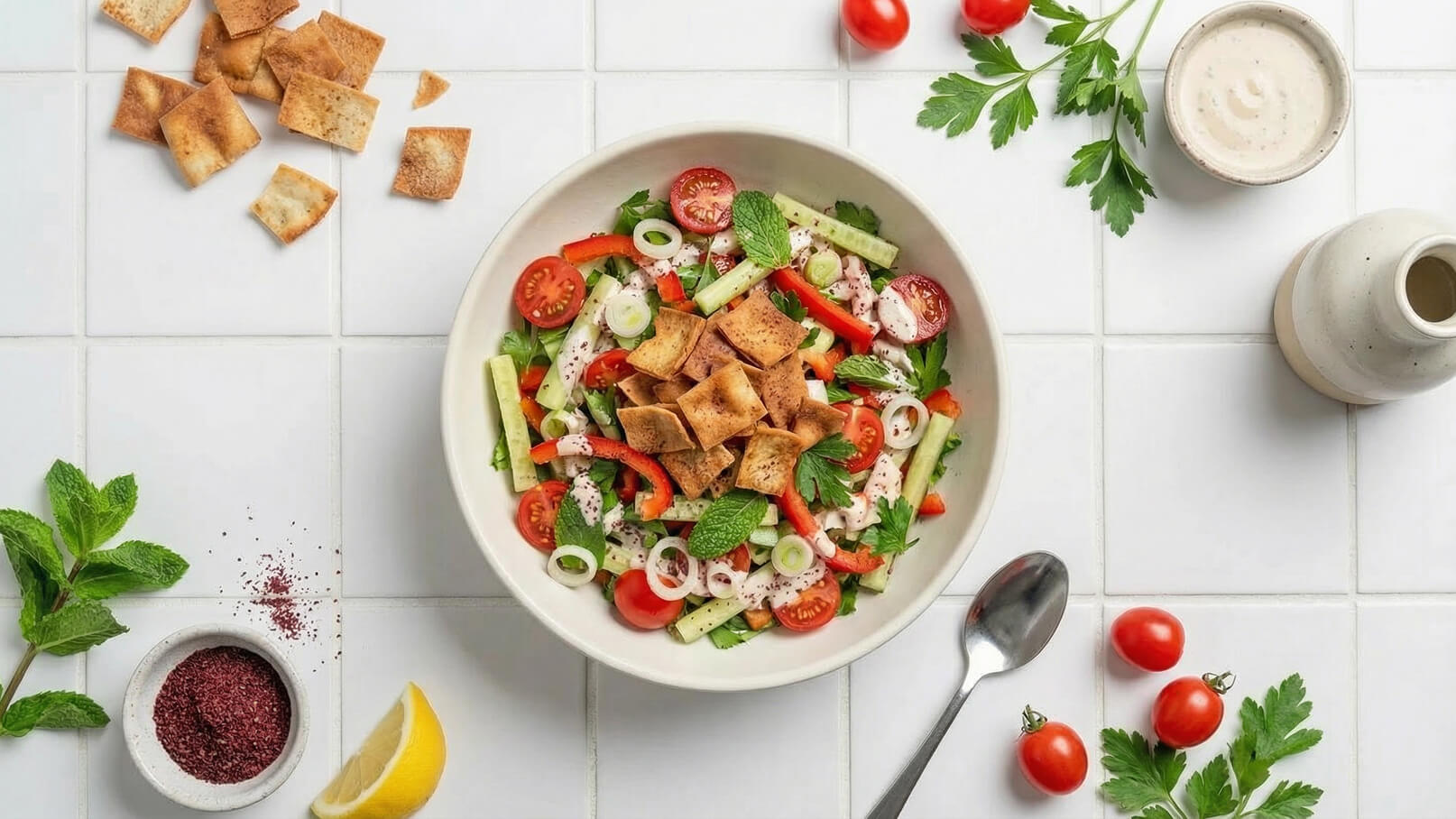 Eine Schüssel mit frischem Salat, bestehend aus grünen Blättern, Kirschtomaten, Gurken, Paprika und Minze, ist mit knusprigen Brotstücken garniert. Neben der Schüssel befinden sich Kräuter, Gewürze, ein Zitronenstück und eine kleine Schale mit Dressing.