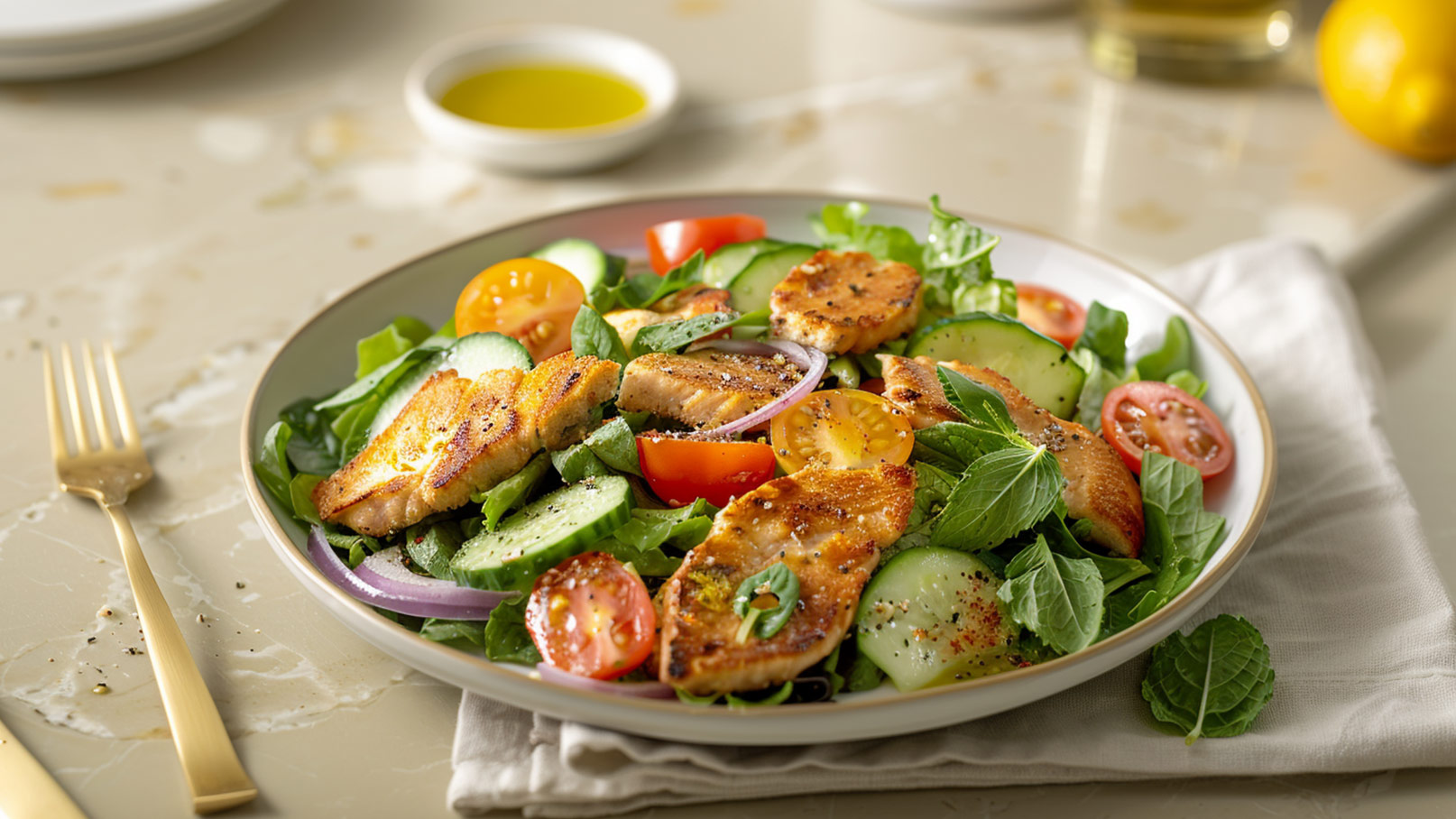Ein ansprechend angerichteter Salat auf einem Teller, beladen mit frischem Gemüse wie Gurken, Tomaten und Zwiebeln sowie zarten Stückchen gebratenem Hähnchen. Der Salat ist mit frischen Kräutern garniert und erscheint appetitlich. Im Hintergrund ist eine kleine Schale mit Olivenöl zu sehen.