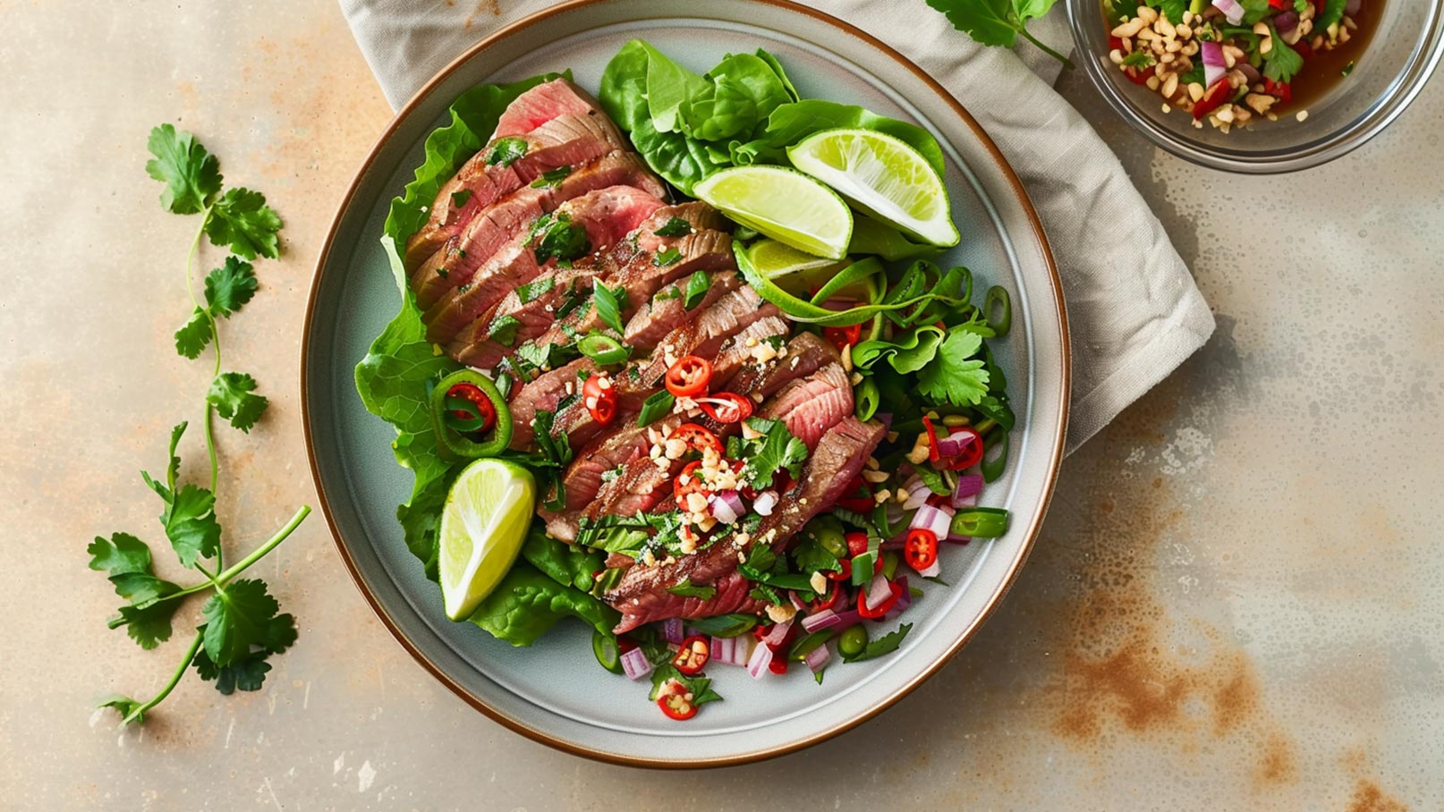 Ein Teller mit zart geschnittenem Fleisch liegt auf einem Bett aus frischem Salat. Darauf befinden sich Limettenscheiben, frische Kräuter und rote Chilischoten. Daneben steht eine kleine Schüssel mit einer würzigen Sauce.
