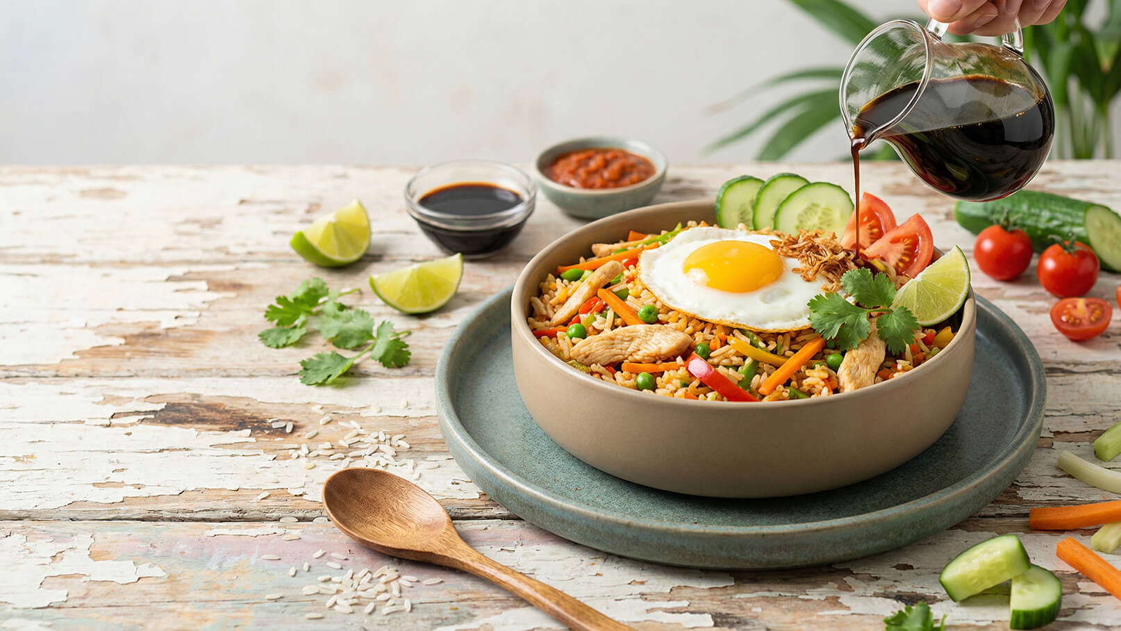 Eine Schüssel mit gebratenem Reis, bunt garniert mit Gemüse, Hühnerfleisch und einem Spiegelei. Frische Limettenscheiben und Korianderblätter dekorieren das Gericht. Daneben steht eine kleine Kanne mit Sojasauce, und verschiedene Gemüsestücke sind auf dem Tisch verteilt.