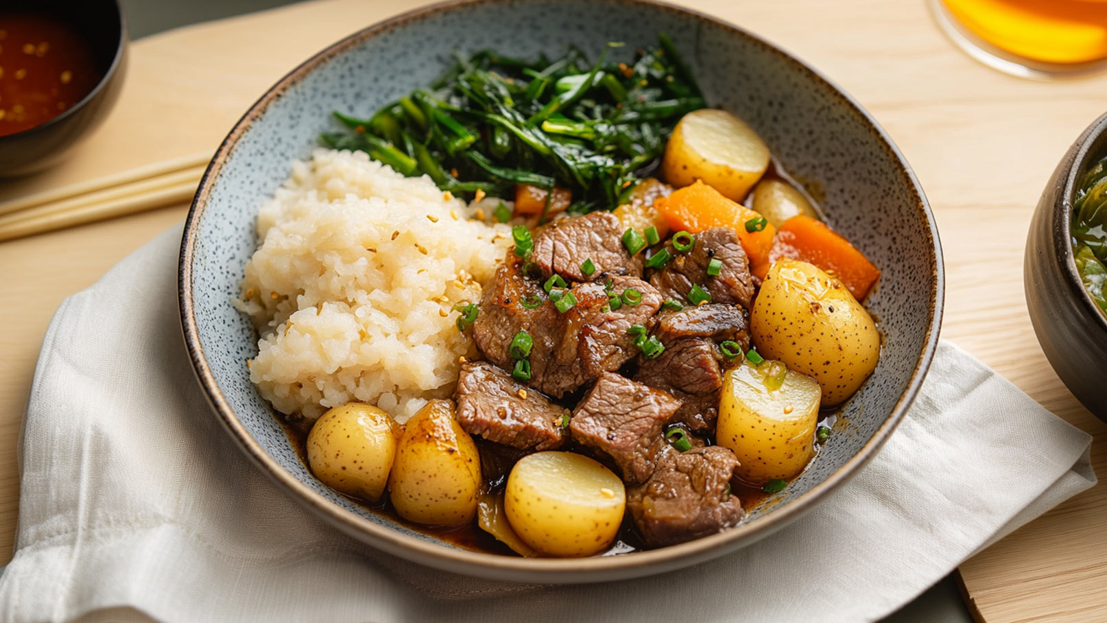 Eine Schüssel mit zartem, braunem Rindfleisch, serviert mit kleinen, goldenen Kartoffeln, Reis und gedämpftem Gemüse. Frische Frühlingszwiebeln sind darüber gestreut. Im Hintergrund ist eine Schale mit einer dunklen, wahrscheinlich asiatischen Suppe zu sehen.