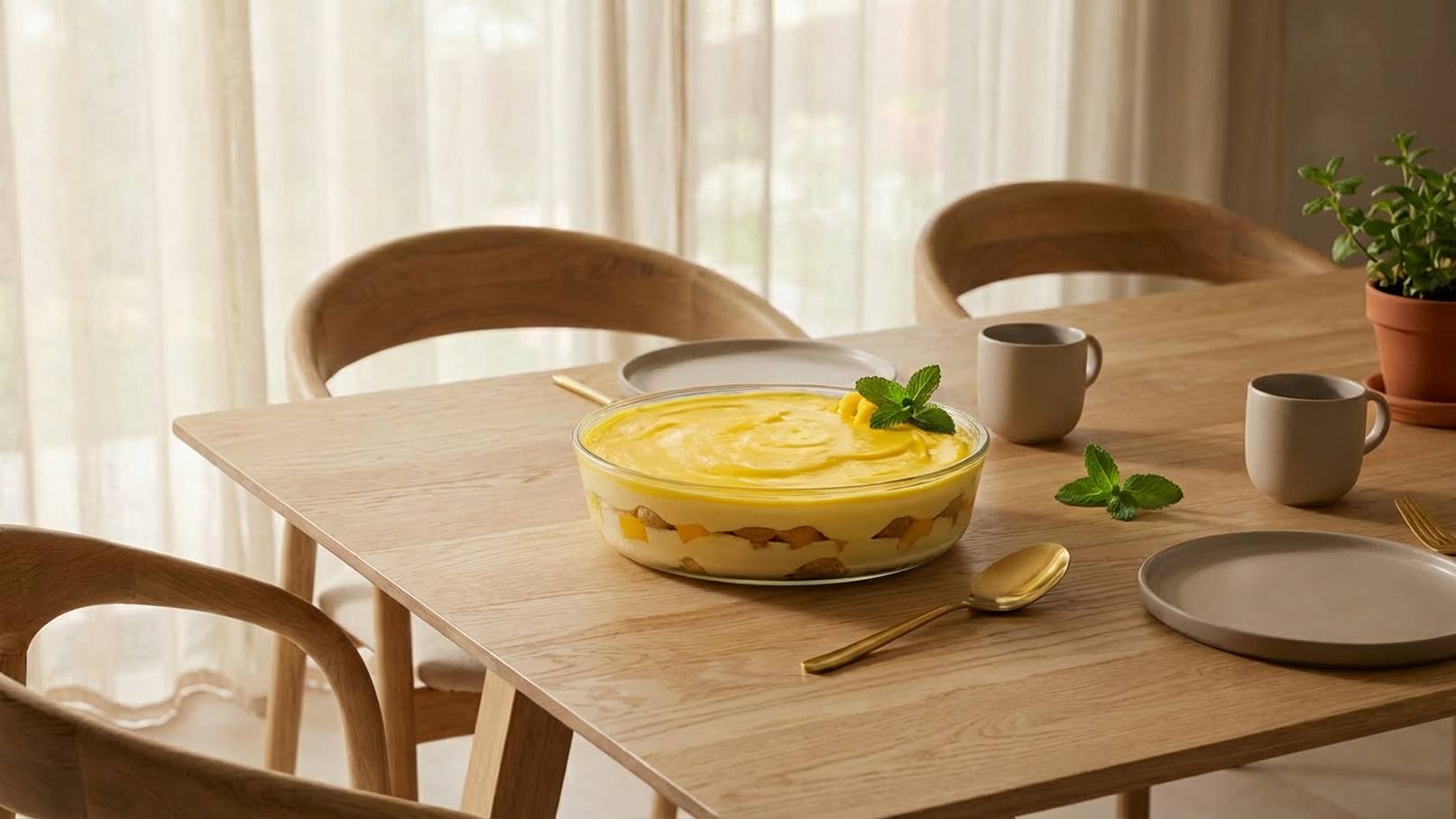 Ein Tisch aus Holz ist mit einer großen Schüssel Dessert in Gelb, dekoriert mit frischen Minzblättern, sowie zwei Tassen und einem Topf mit Pflanze gedeckt. Die Umgebung wirkt hell und einladend, mit sanftem Licht durch die Vorhänge.