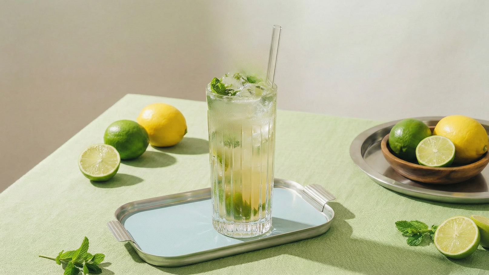 Ein frischer Cocktail in einem hohen Glas, gefüllt mit Eis, Minze und Limonade, steht auf einem grünen Tisch. Neben dem Glas liegen eine halbierte Limette und verschiedene Zitrusfrüchte auf einem Tablett. Der Gesamteindruck vermittelt ein sommerliches, erfrischendes Gefühl.