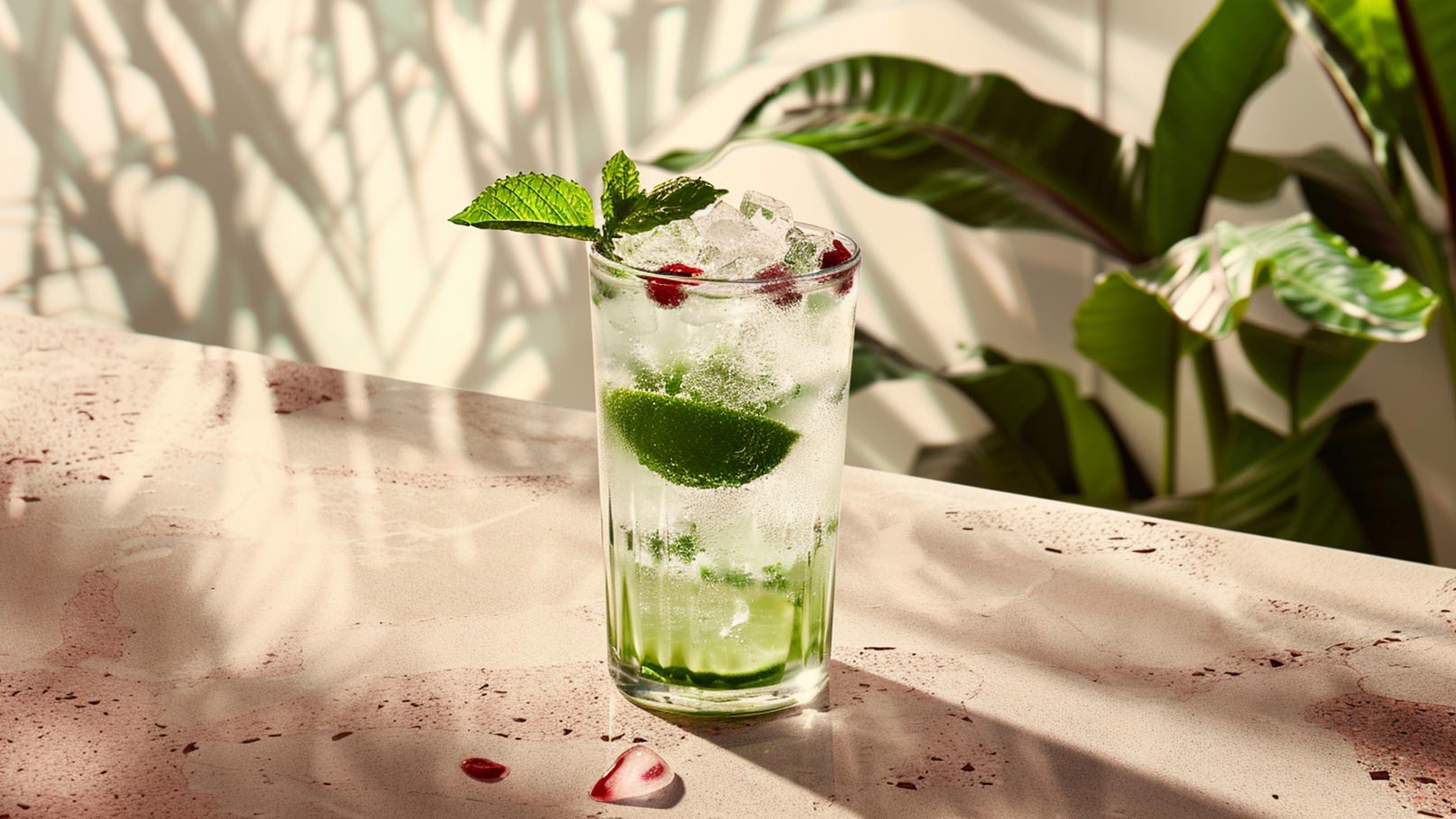 Ein hoher Glasbecher mit einem erfrischenden Getränk, gefüllt mit Eiswürfeln, frischen Minzblättern und Limettenscheiben. Das Glas steht auf einem hellen Tisch, umgeben von Pflanzen.