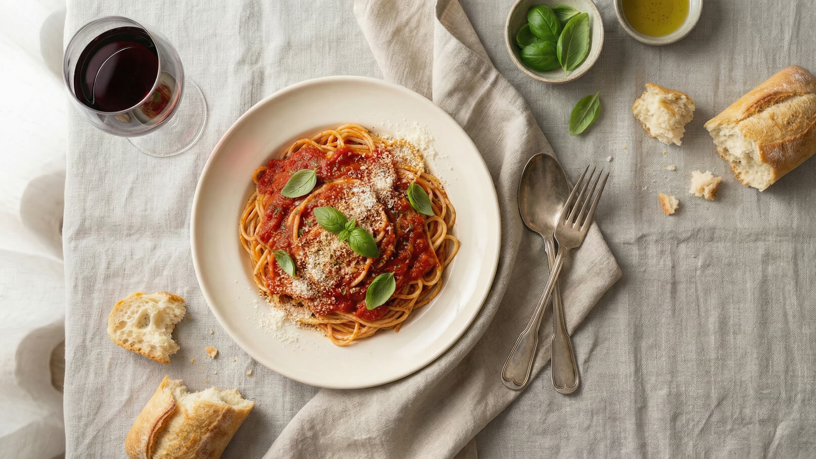 Ein Teller mit Spaghetti in Tomatensauce, garniert mit frischem Basilikum und Parmesan, steht auf einem gedeckten Tisch. Daneben ein Glas Rotwein, Besteck und Stücke von frischem Brot. Der Tisch ist mit einer neutralen Tischdecke bedeckt.