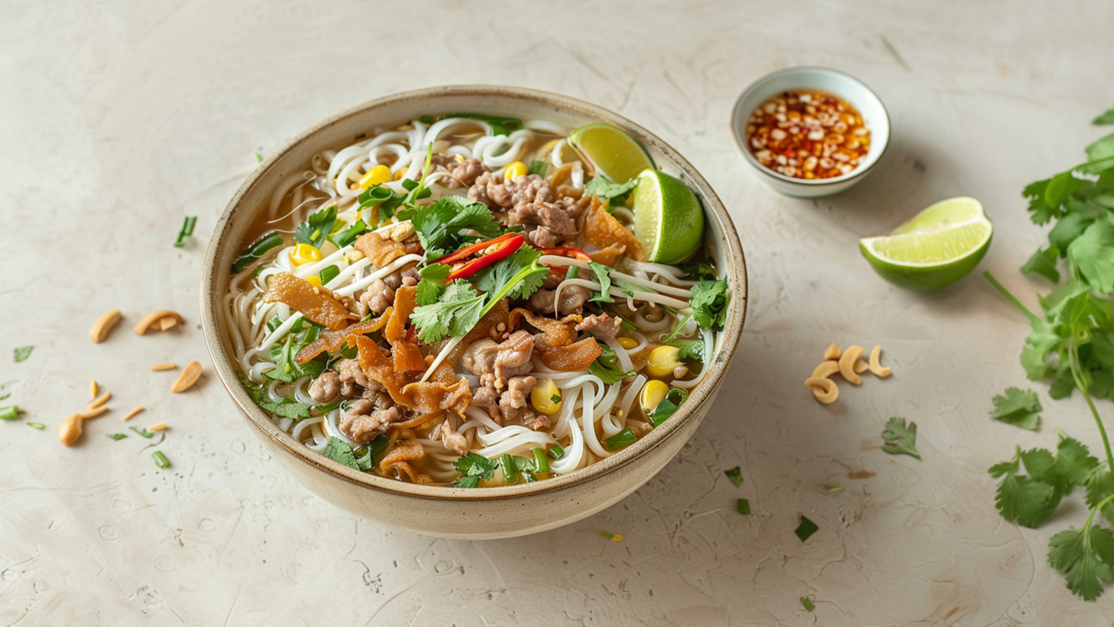 Eine Schüssel mit weißen Reisnudeln, garniert mit gewürztem Fleisch, Frühlingszwiebeln, Mais, Koriander und knusprigen Zutaten. Neben der Schüssel liegen einige Limettenscheiben und eine kleine Schale mit Chilisauce. Frische Kräuter sind im Hintergrund zu sehen.