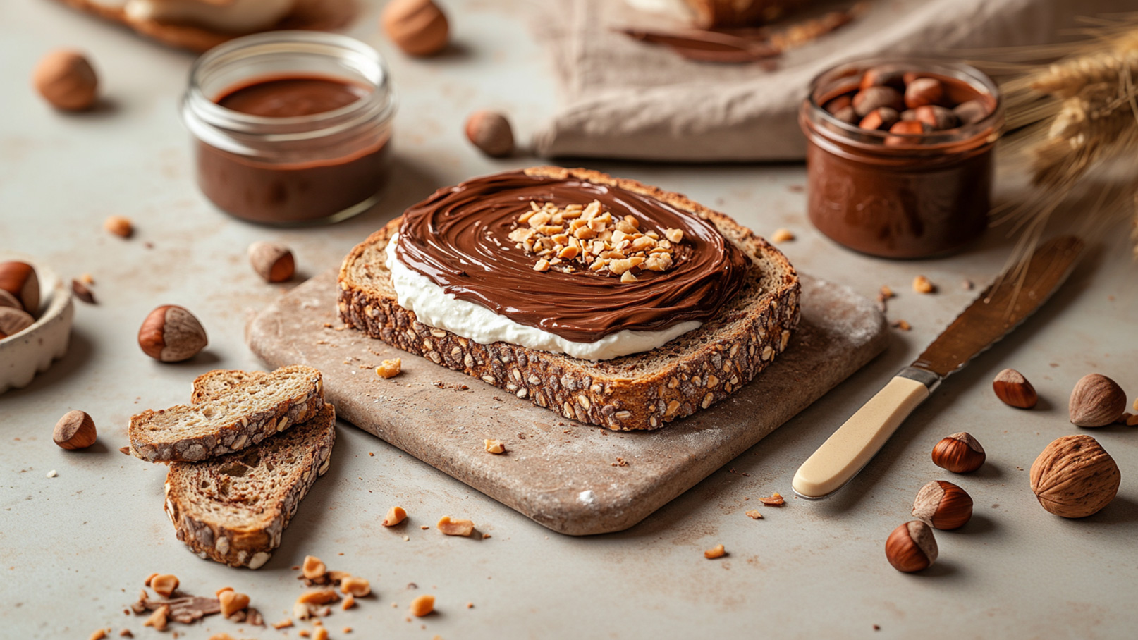Ein Stück Vollkornbrot liegt auf einem Holzbrett, bestrichen mit einer schokoladigen Creme und einer Schicht Sahne. Darüber sind gehackte Nüsse gestreut. Um das Brot herum sind einzelne Haselnüsse und ein Messer zu sehen.