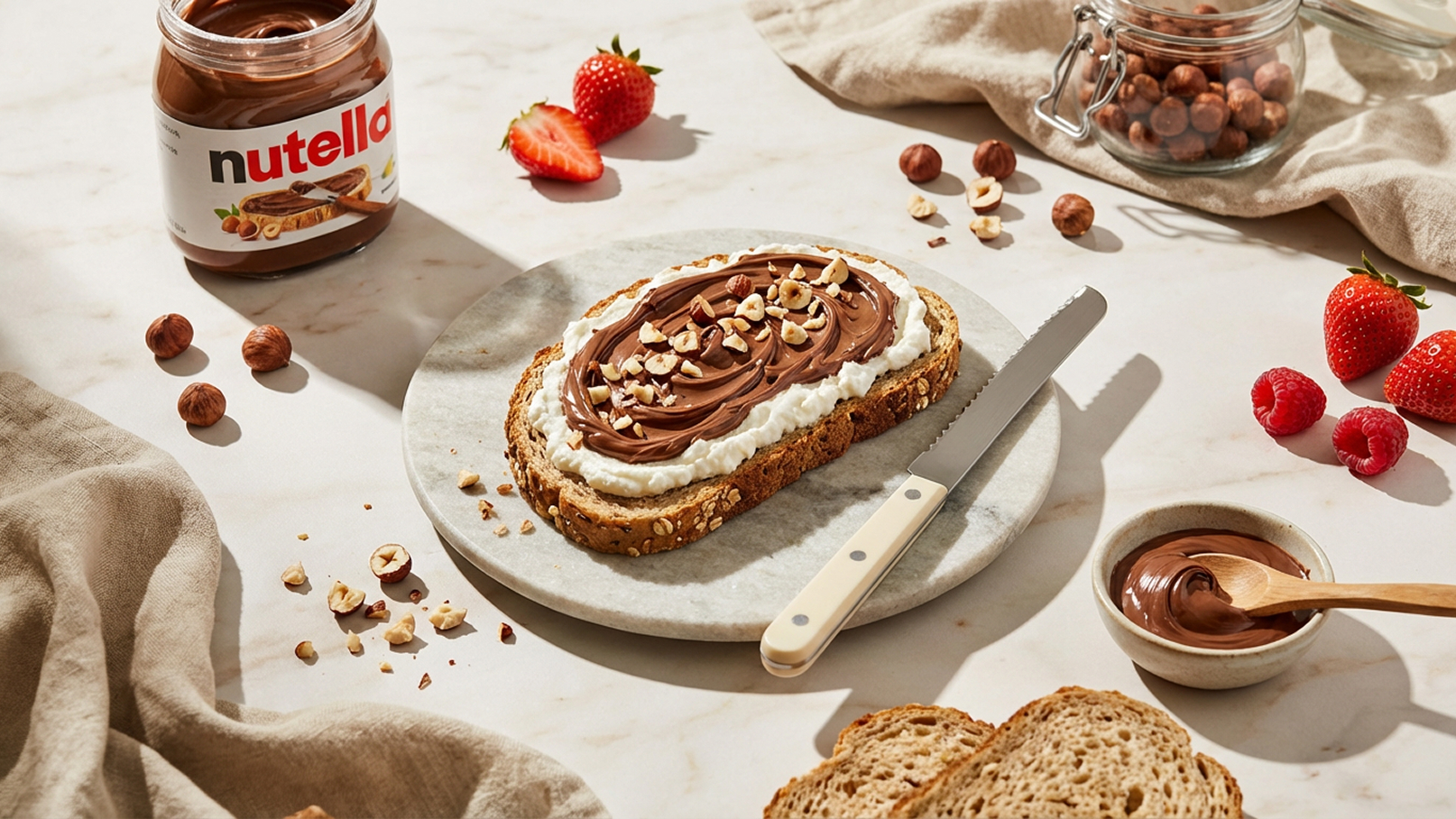 Ein Butterbrot aus Vollkornbrot ist auf einem grauen Teller angerichtet. Es ist mit einer Schicht Nutella und einer weißen Creme bestrichen und mit gehackten Nüssen dekoriert. Neben dem Brot befinden sich frische Erdbeeren und eine kleine Schüssel mit Nutella.