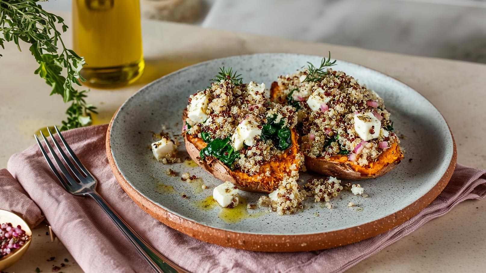 Ein Gericht mit einer halben Süßkartoffel, belegt mit Quinoa, Spinat, Feta und roten Zwiebeln, serviert auf einem grauen Teller. Ein kleines Schälchen mit Gewürzen und eine Gabel liegen daneben.