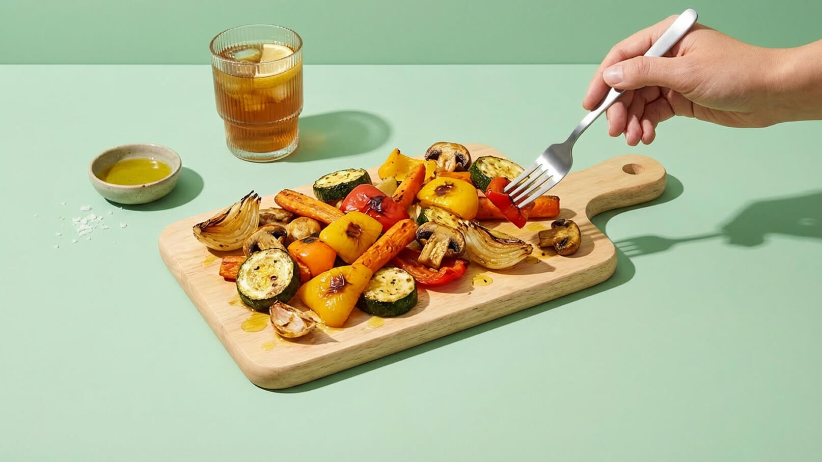Ein Holzbrett mit frisch zubereitetem, buntem Gemüse wie Paprika, Zucchini, Karotten und Pilzen. Eine Hand mit einer Gabel greift nach dem Gemüse. Im Hintergrund steht ein Glas mit Getränk und eine kleine Schale mit Olivenöl.