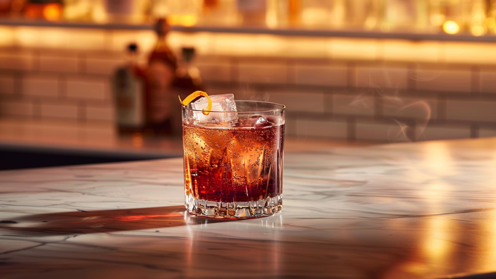 Ein Cocktailglas mit einem schäumenden Getränk ist auf einem Tisch platziert. Zwei Eiswürfel und eine Zitronenschale zieren den Drink. Im Hintergrund sind unscharfe Flaschen sichtbar, die eine warme Atmosphäre erzeugen.