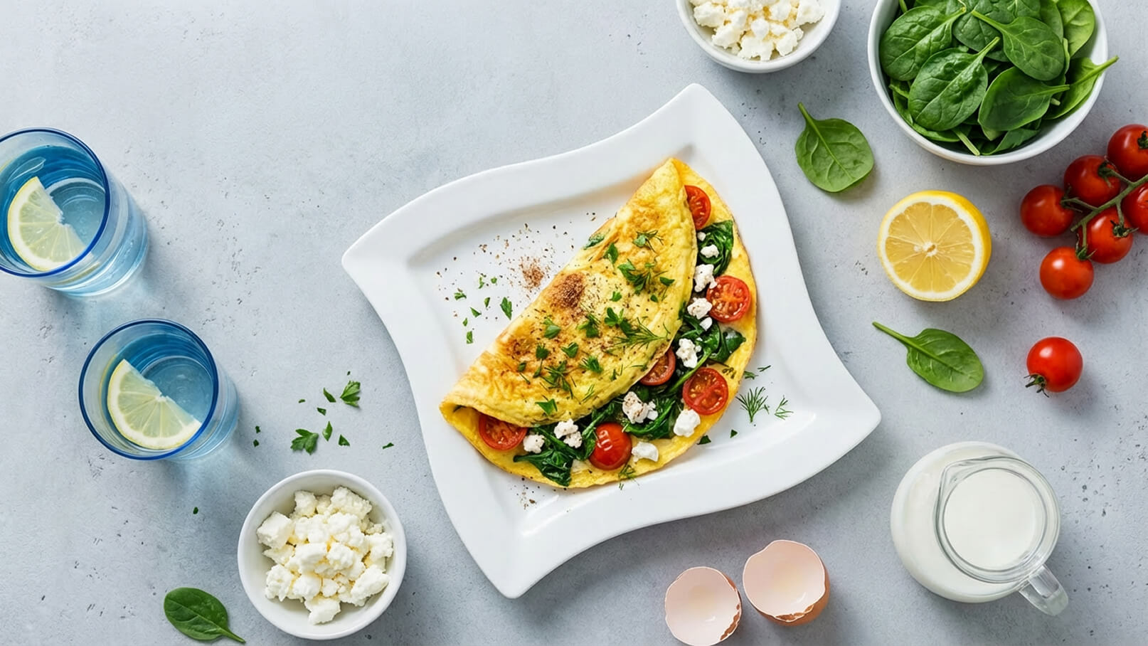 Ein Teller mit einem Omelett, gefüllt mit Spinat, Kirschtomaten und Feta-Käse. Daneben stehen Schalen mit Feta und frischem Spinat, sowie Gläser mit Wasser und Zitronenscheiben. Ergänzend sind eine halbe Zitrone, eine Kanne Milch und einige Eierschalen sichtbar.