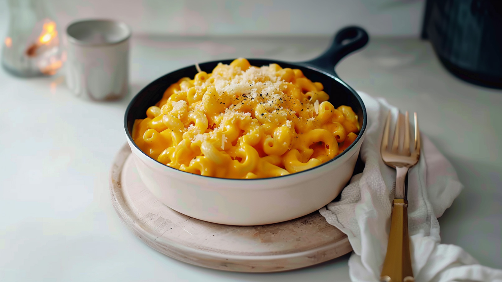 Eine Schüssel mit cremigen Macaroni und Käse, garniert mit geriebenem Käse und Pfeffer. Die Schüssel steht auf einem Holzbrett, neben einer Gabel und einem Tuch.