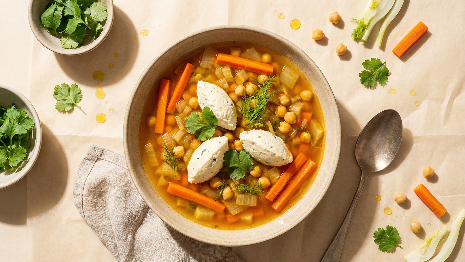 Eine Schüssel mit einer bunten Suppe, die Kichererbsen, Karotten, Sellerie und frische Kräuter enthält. Obenauf sind zwei Häufchen einer cremigen Zutat angerichtet. Im Hintergrund sind frische Kräuter in einer kleinen Schale und einige Zutaten sichtbar.